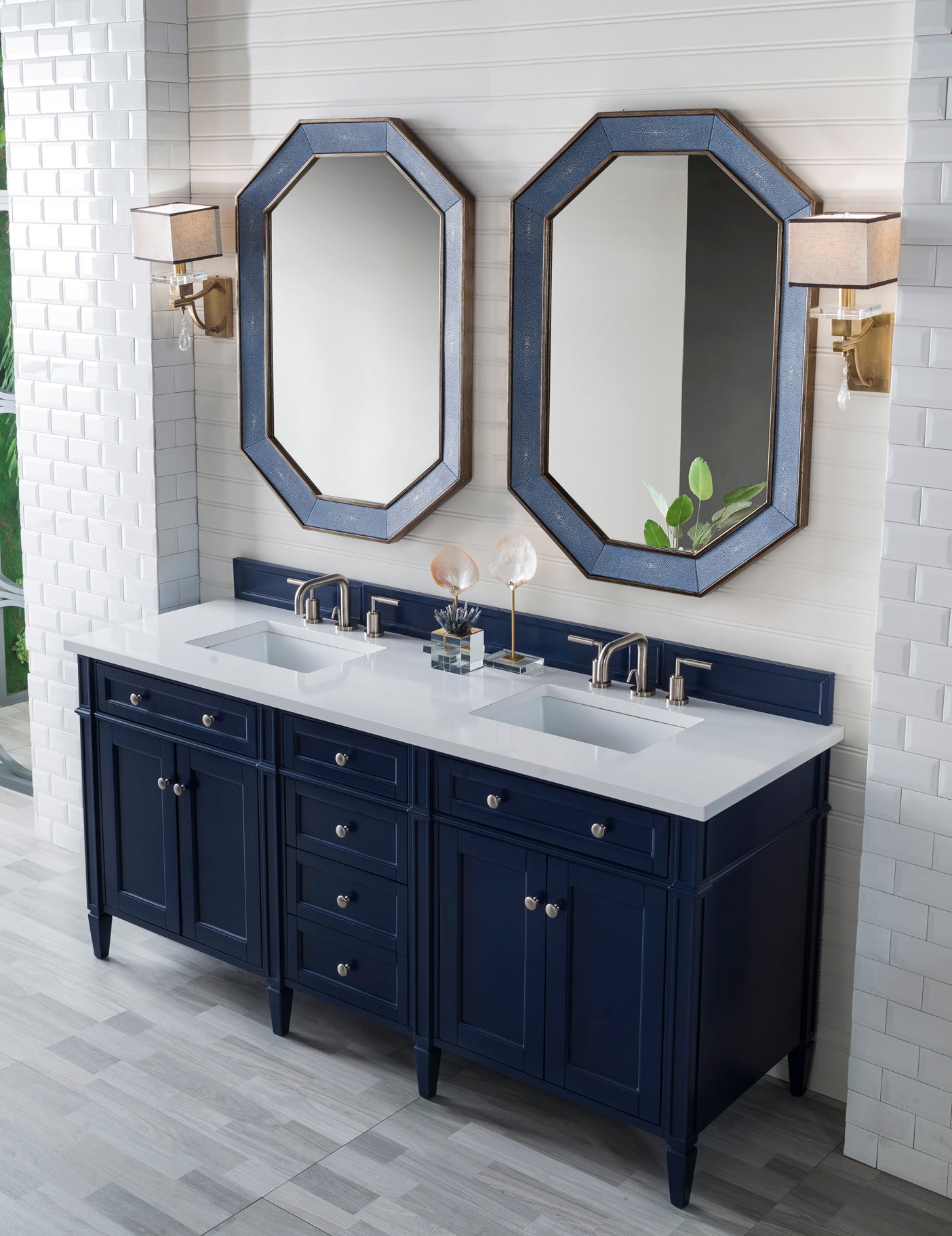 Brittany 72 Inch Victory Blue Double Bathroom Vanity with 3CM White Zeus Quartz Countertop - Perfect for Master Bathroom & Luxury Home Renovation