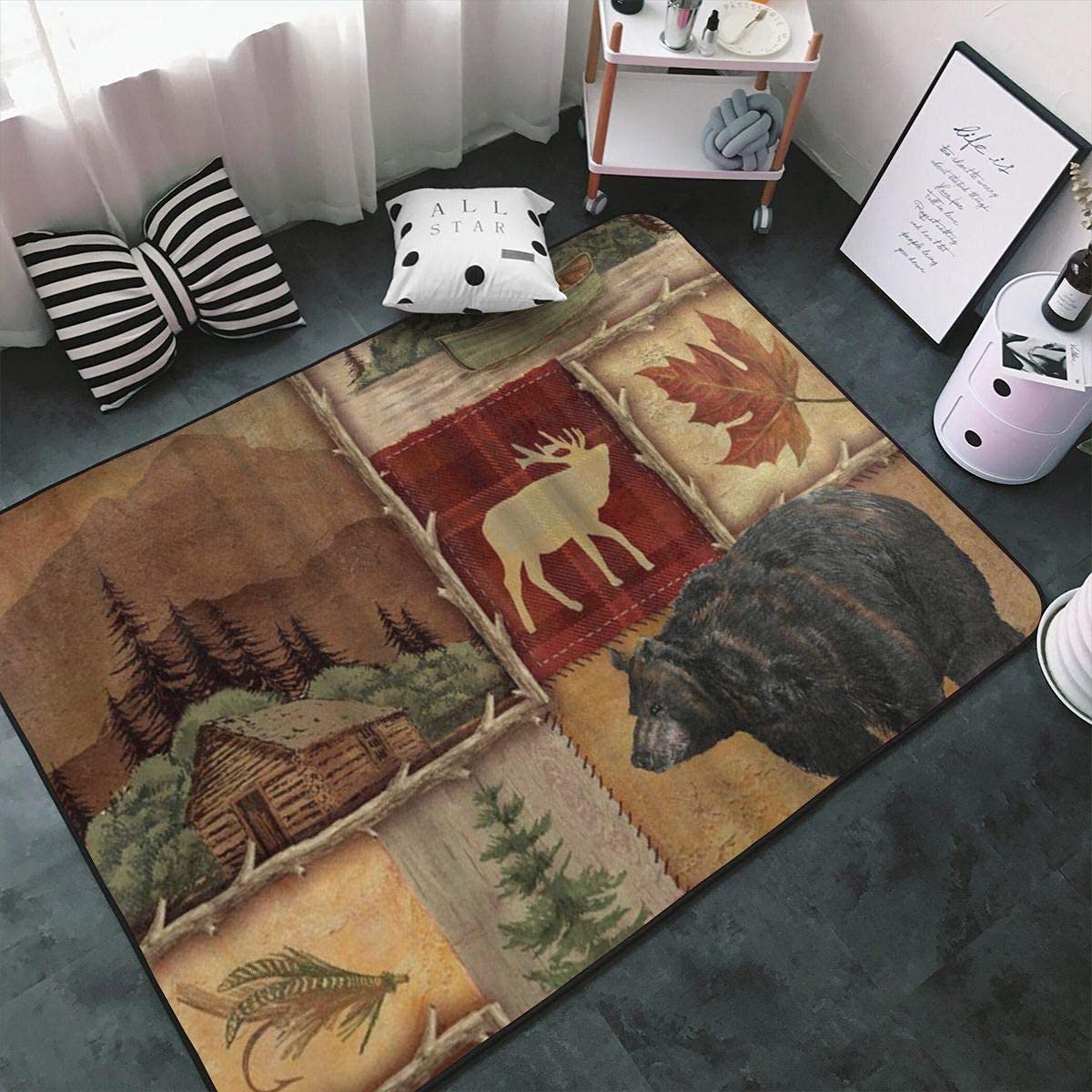 Bear Moose Deer Pattern Area Rug - Retro Rustic Lodge Soft Washable Carpet with Non-Slip Backing - 6x4 Feet Floor Rug for Living Room, Bedroom, Kitchen, Dining Room & Home Office - Perfect for Cabin Decor, Hunting Lodge Style & Cozy Home Accents