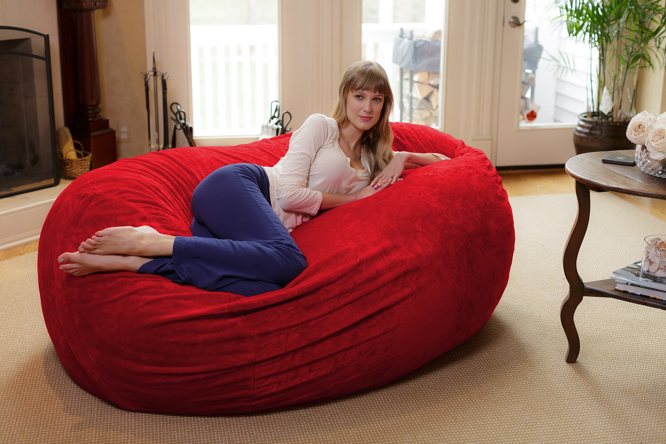Chill Sack 6ft Memory Foam Bean Bag Chair - Oversized Lounger with Soft Microfiber Cover (Red Furry) for Living Room, Game Room & Dorm Relaxation