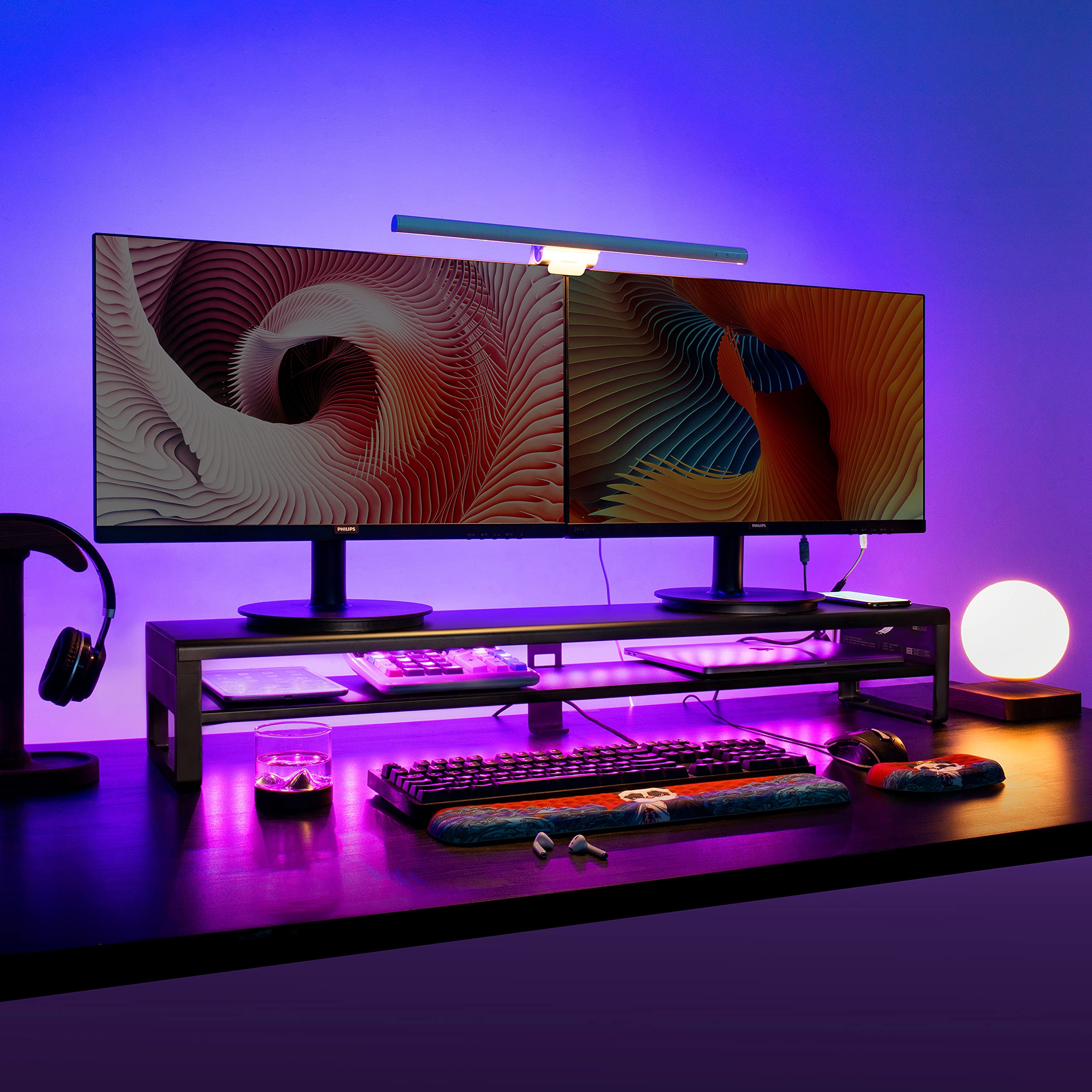 Vaydeer 2-Tier Dual Monitor Stand with USB 3.0 Ports - Heavy Duty Aluminum Monitor Riser for Computer, PC, Laptop, TV & Printer - Space Saving Black Metal Desk Organizer - Perfect for Home Office & Gaming Setup