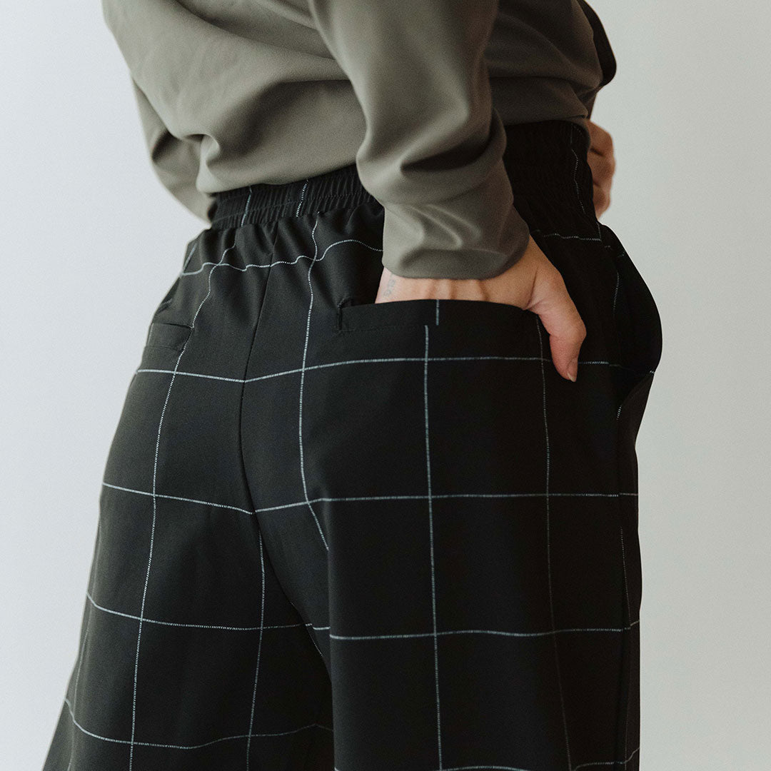 Audrey Wide Leg Pants for Women - Black Windowpane Check Pattern High Waist Trousers | Office Work, Business Casual & Evening Outfits