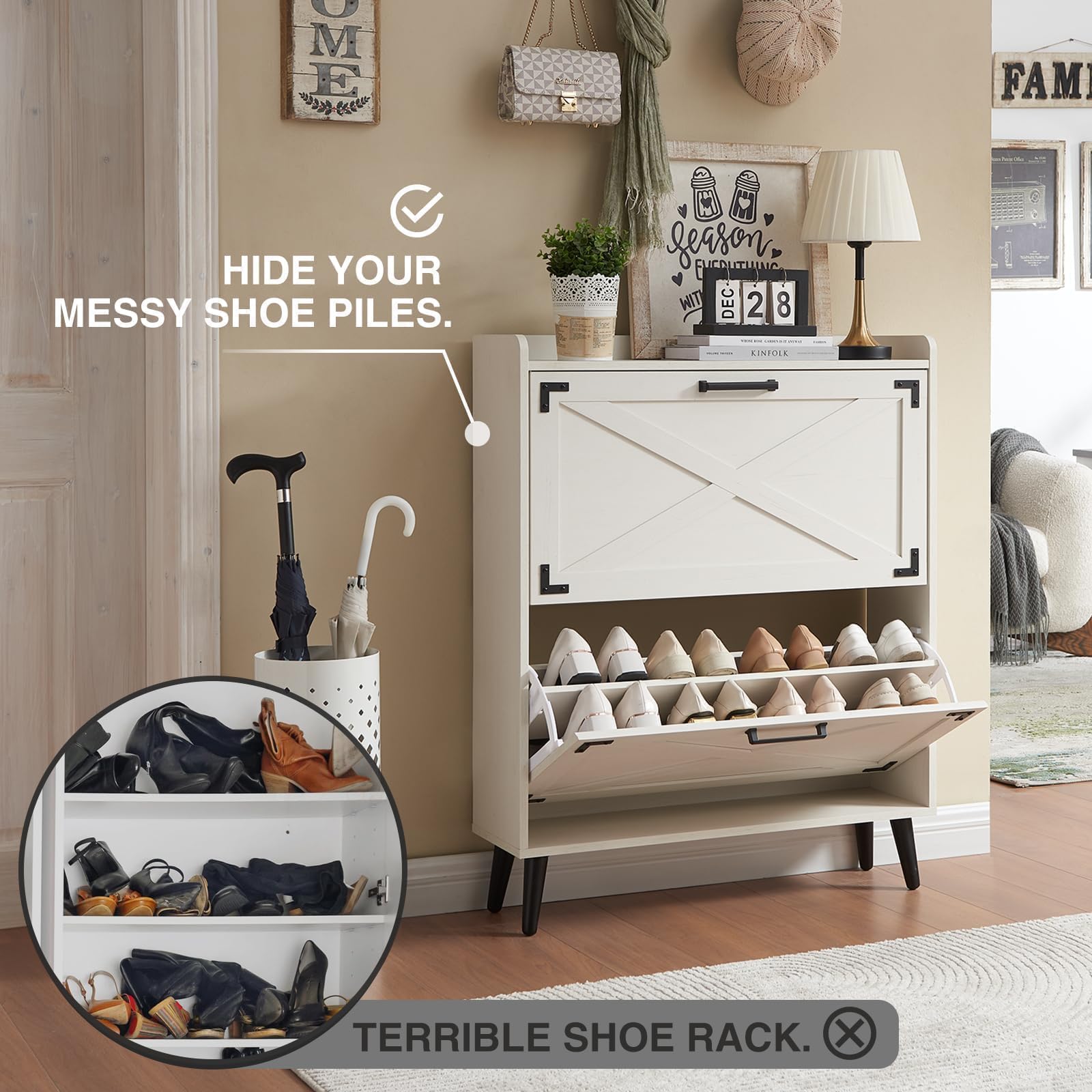 Farmhouse Shoe Storage Cabinet with 2 Flip Drawers & Barn Door Design - Freestanding Hidden Slim Narrow Shoe Rack Organizer for Entryway, Foyer, Hallway - Antique White - Perfect for Small Spaces & Home Organization
