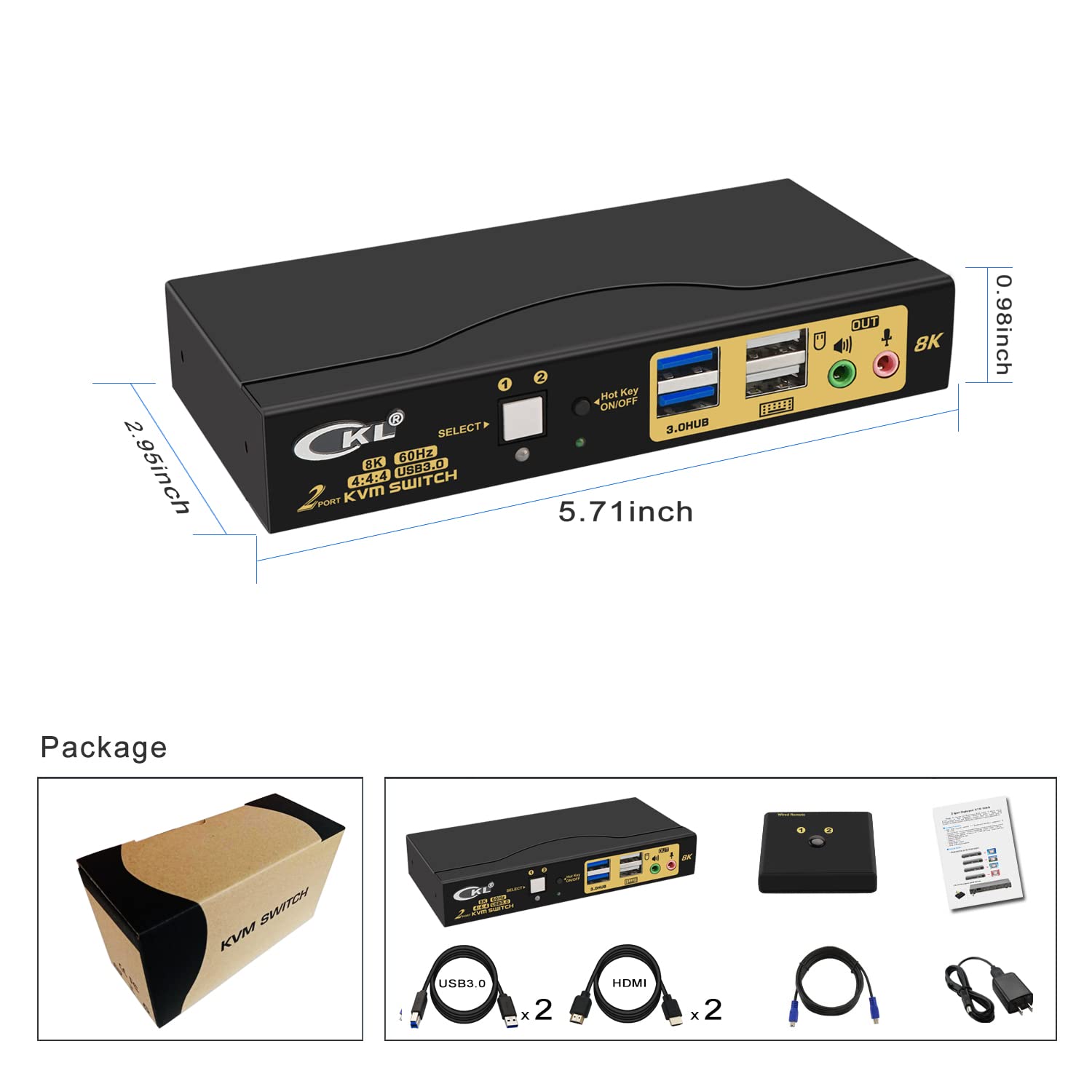 CKL 2 Port USB 3.0 KVM Switch HDMI 2.1 - 8K 60Hz 4K 120Hz 144Hz Dual Computer Sharing Hub for 1 Monitor, Keyboard, Mouse & Audio | Includes All Cables (62HUA-4) | Perfect for Home Office, Gaming & Multi-PC Workstations