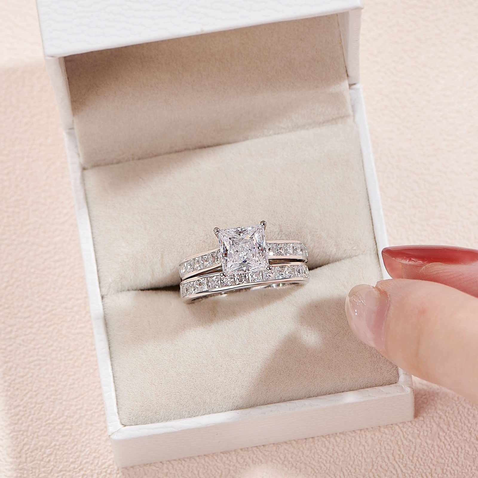 SHELOVES Princess Cut Cubic Zirconia Wedding Ring Set - Sterling Silver Engagement & Bridal Rings for Women (Size 4.5-13) - Perfect for Proposals, Anniversaries & Special Occasions