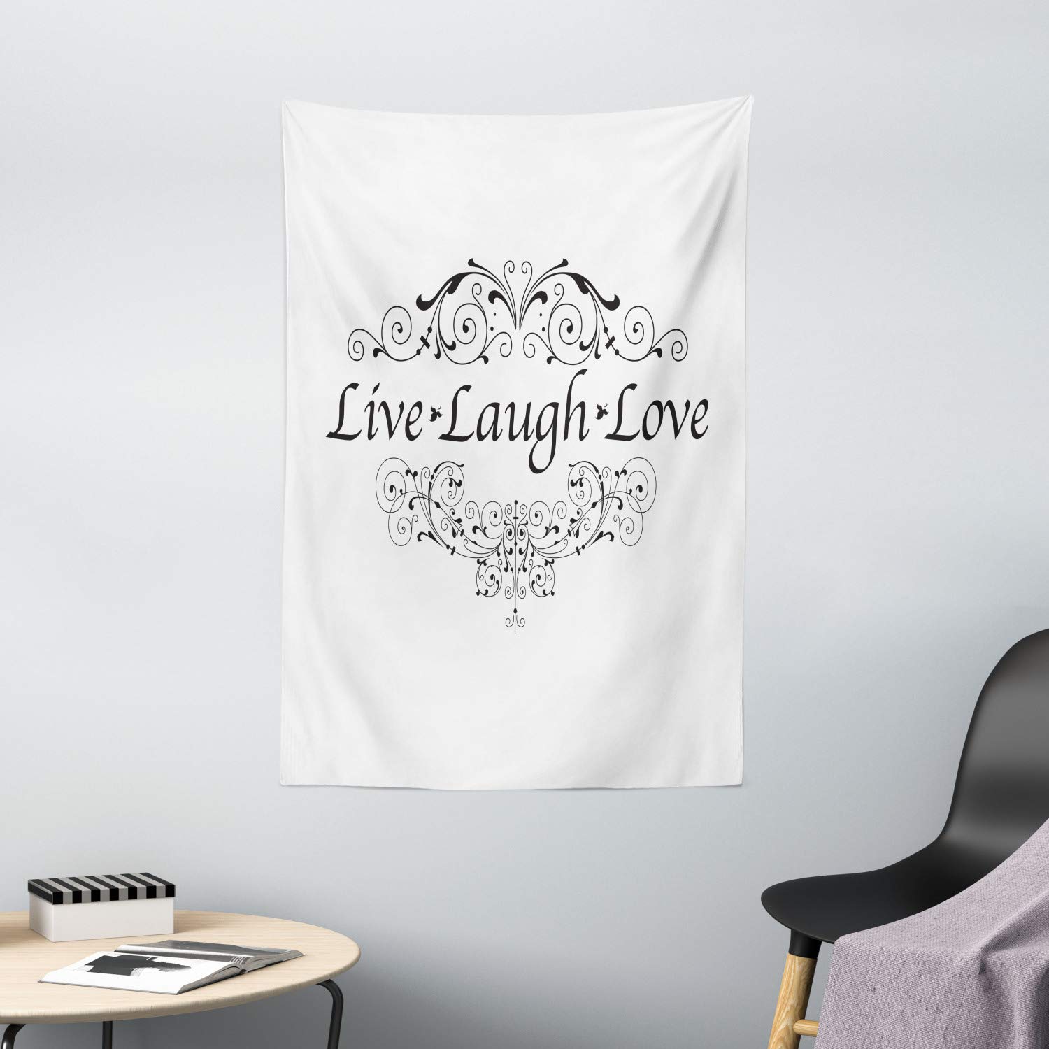 Ambesonne Love Tapestry Wall Hanging - 40x60 Inch Live Laugh Love Curlicue Swirls Decor for Bedroom, Living Room, Dorm | White & Dark Grey Bohemian Style Home Decor | Perfect for Meditation Spaces, Yoga Rooms & Cozy Reading Nooks