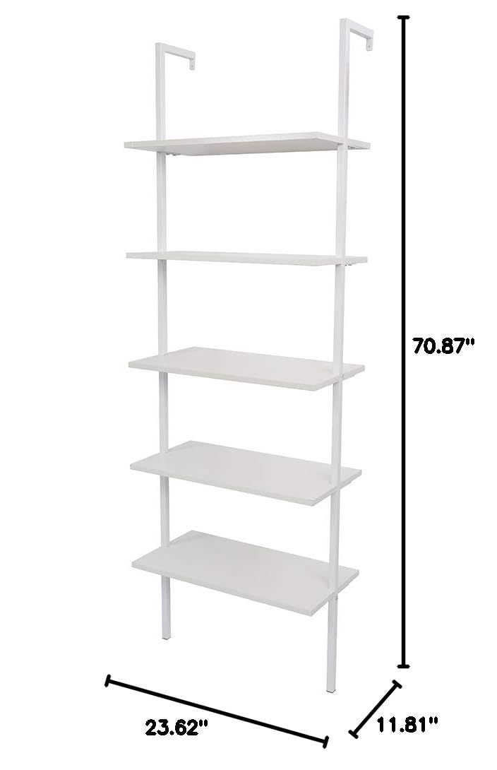 5-Tier Ladder Shelf - White Wooden Bookcase & Wall Mount Storage Organizer for Home, Office, Living Room, Bedroom | Perfect for Displaying Books, Plants & Decorative Items