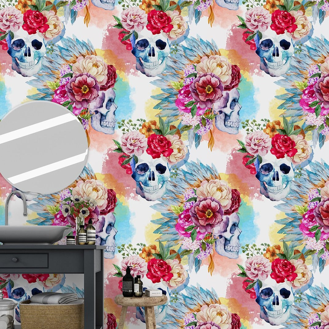 Vibrant Floral Skull Wallpaper CC100 - Gothic Boho Decor for Bedroom, Living Room & Home Office