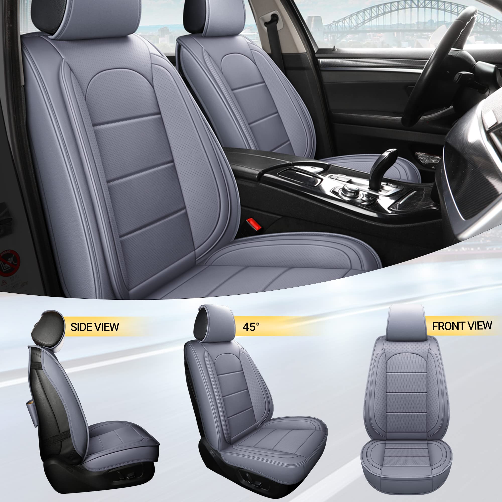 Premium AOOG Leather Car Seat Covers with Backseat Organizer - Universal Fit for Most Sedans, SUVs & Trucks (Full Set, Grey) - Protect & Upgrade Your Vehicle Interior for Daily Commute & Road Trips