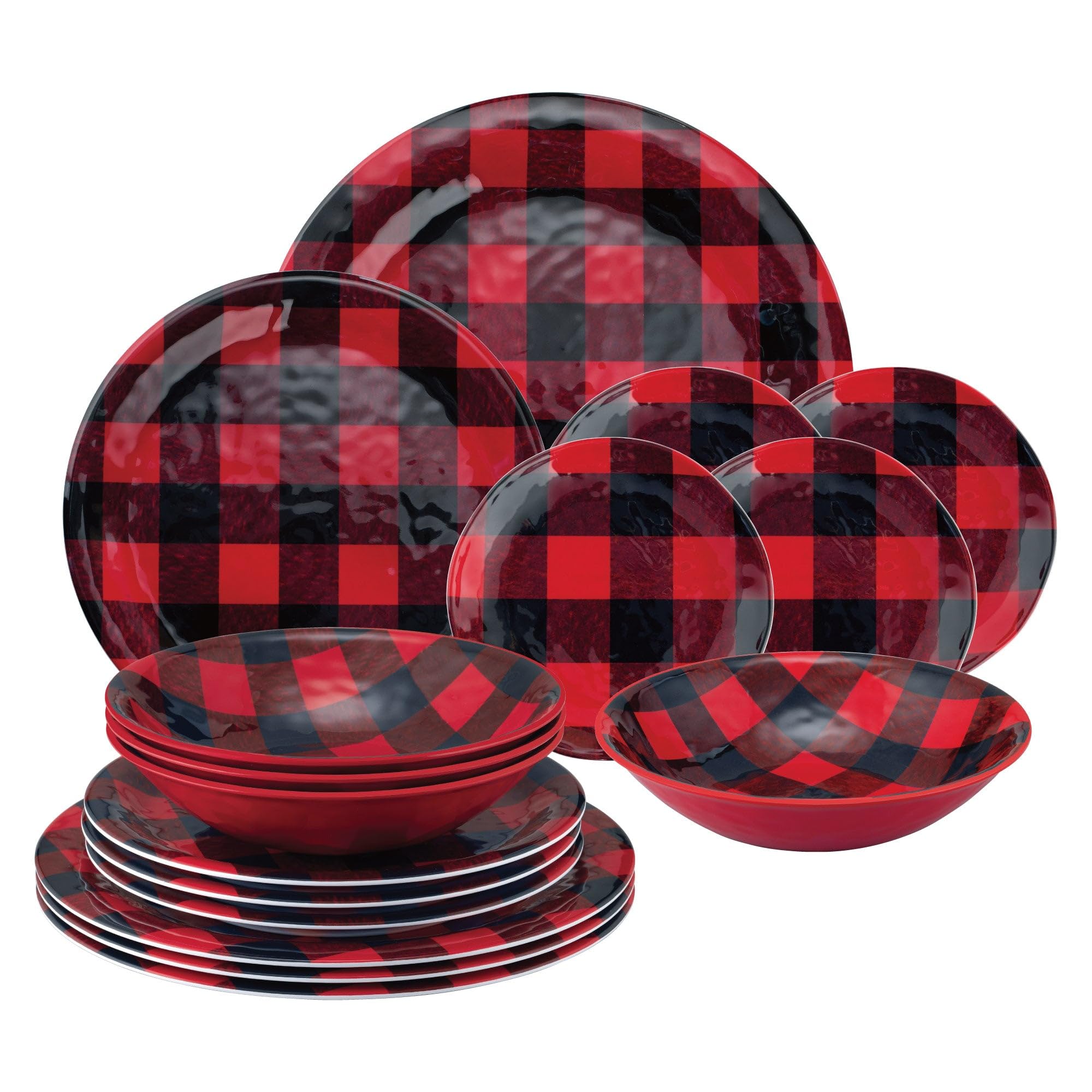 UPware 16-Piece Buffalo Plaid Melamine Dinnerware Set - Durable Outdoor Dishes with Plates & Bowls - Christmas Tableware Decor - Service for 4 (Red) - Perfect for Picnics, Camping & Holiday Parties