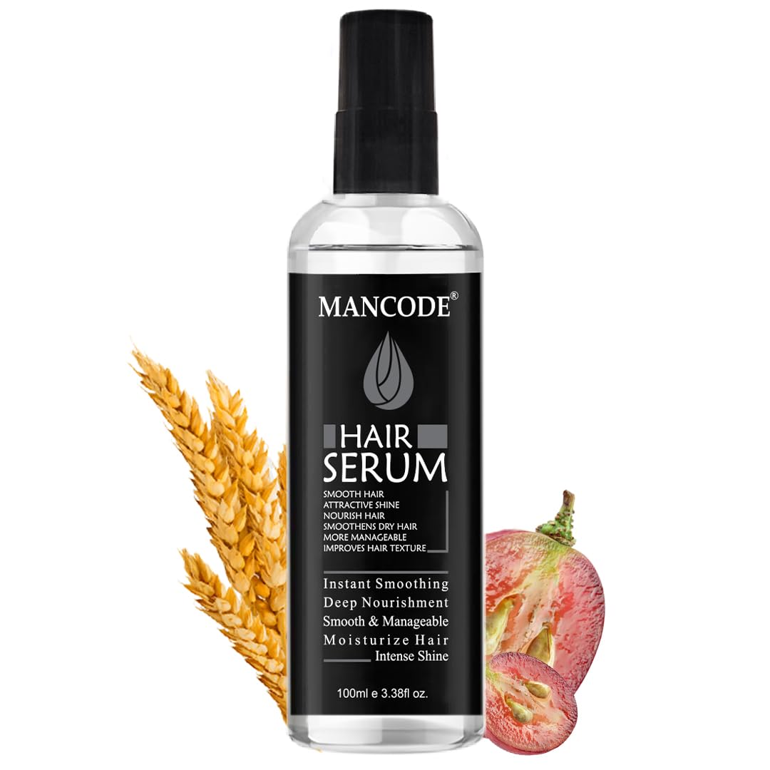 Mancode Hair Serum for Men - Instant Shine & Smoothness, Frizz-Free Soft & Silky Hair Treatment for Dry & Wet Hair - 100ml (3.38 fl oz) - Perfect for Daily Styling, Work & Special Occasions