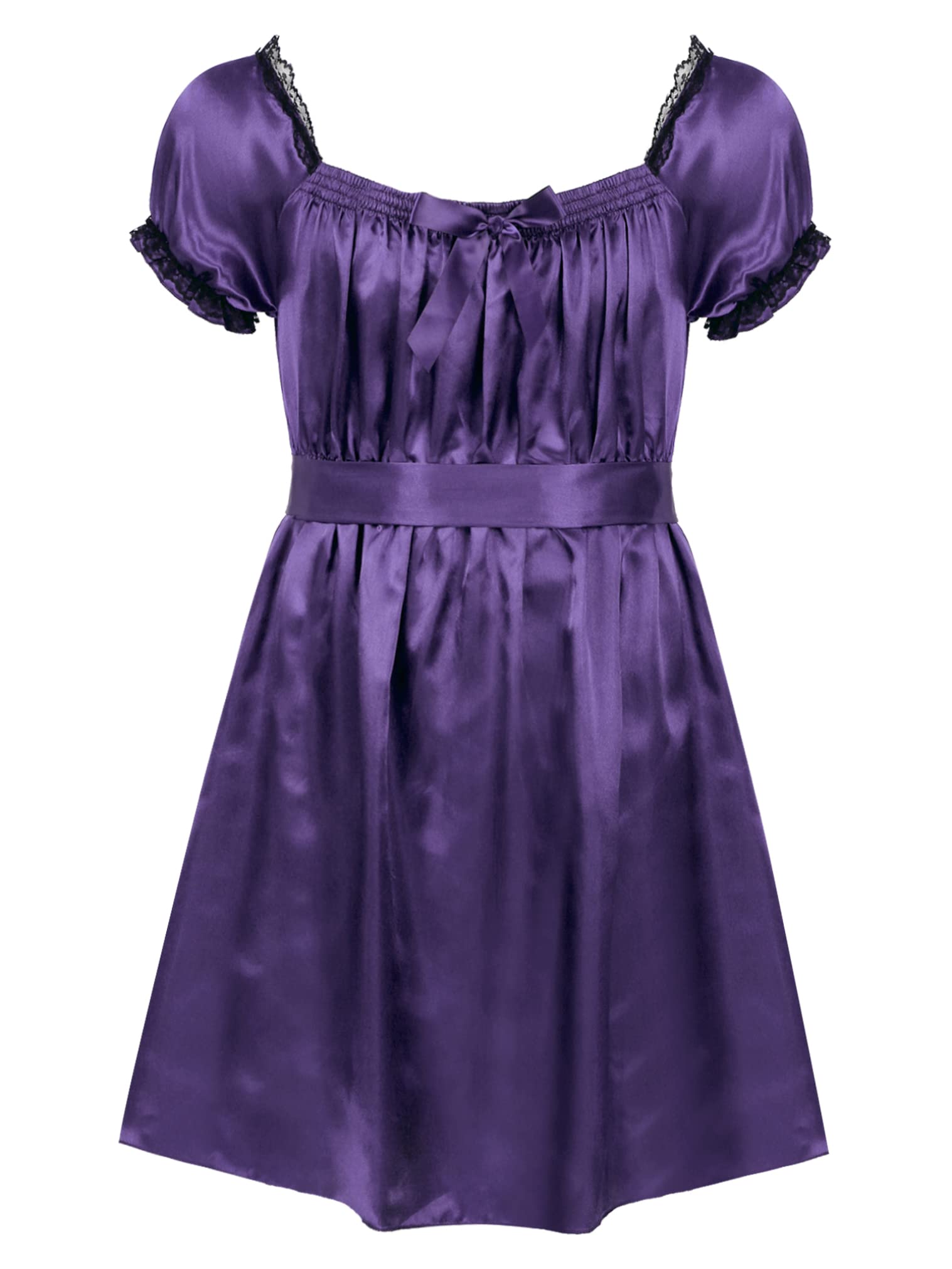 JEATHA Men's Satin Maid Nightdress - Frilly Lace Trim High-Low Hem Crossdressing Lingerie Sleepwear for Cosplay, Role Play & Special Occasions