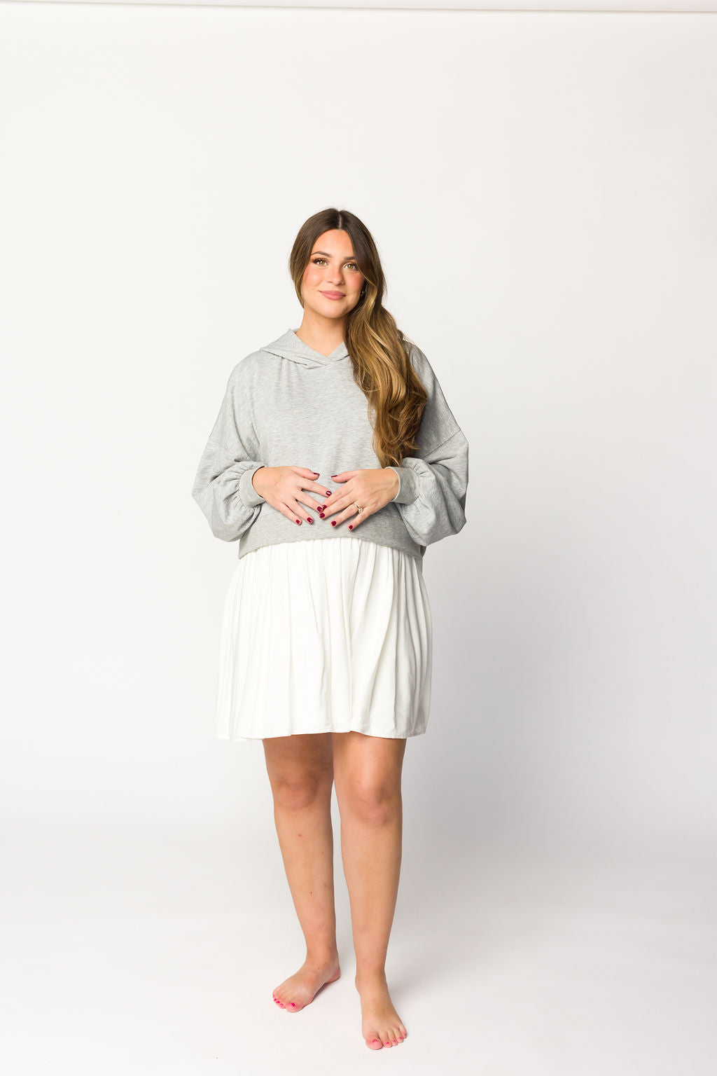 Caroline Hoodie and Babydoll Mini Dress - Heather Grey & Off White | Women's Casual Loungewear & Streetwear Outfit for Everyday Wear