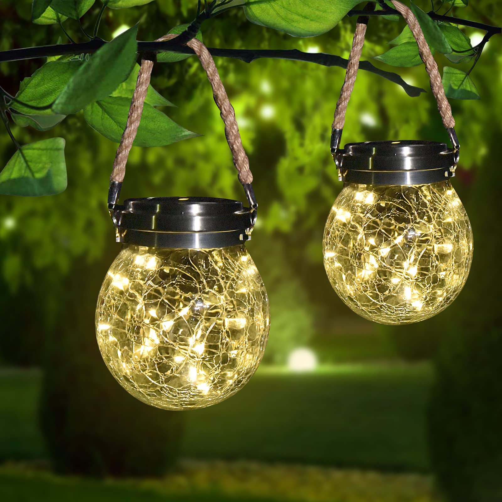 Solar Hanging Lights Outdoor - 2 Pack Cracked Glass Ball LED Lanterns with 30 Warm White LEDs for Garden, Pathway, Patio, Yard & Lawn Decor | Weatherproof & Energy Efficient Solar Lighting for Outdoor Parties, Weddings & Landscape Decoration