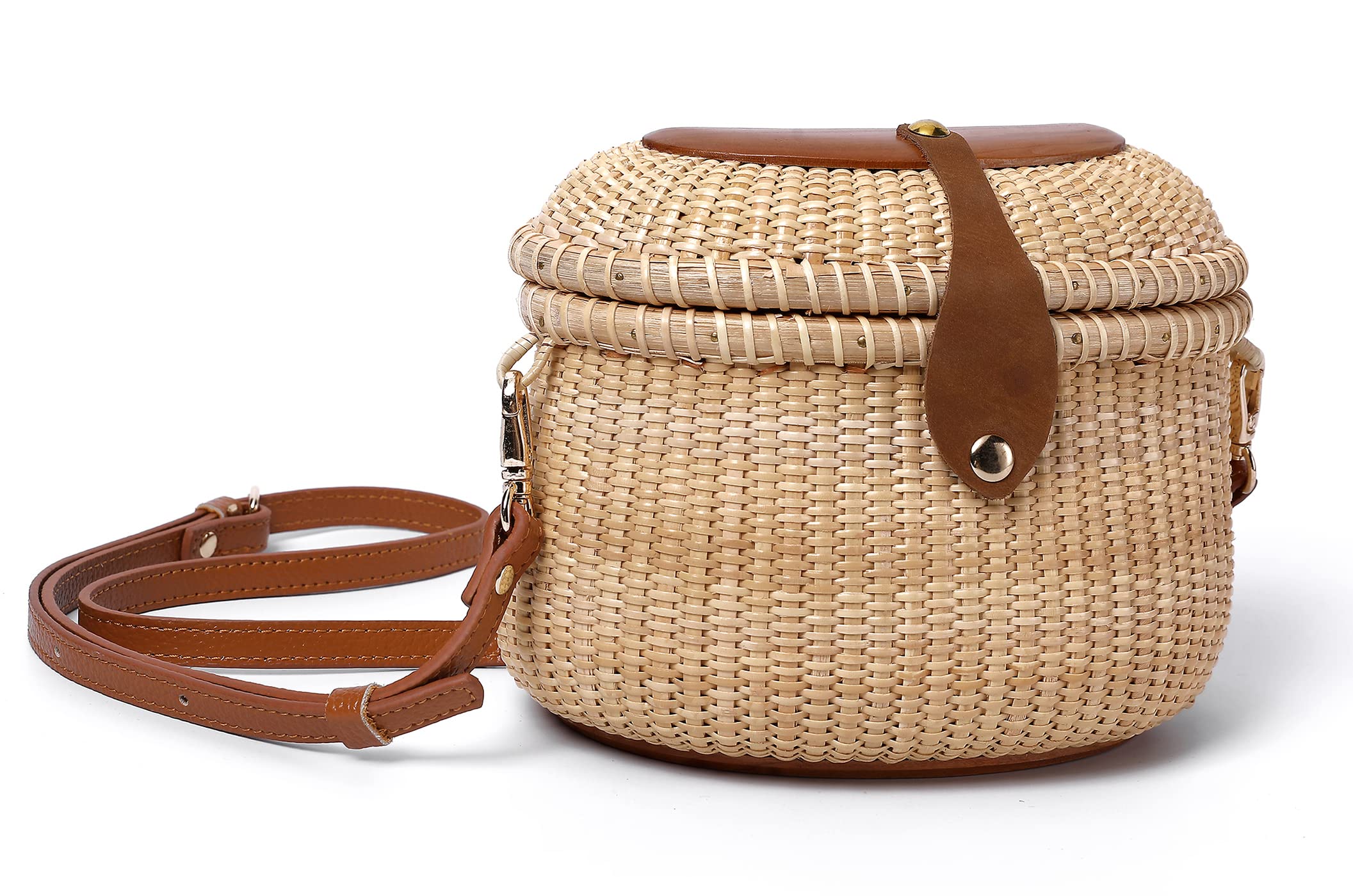 Nantucket Basket Tall Crescent Purse - Handwoven Cane-on-Cane Rattan Shoulder Bag for Women - Perfect for Beach, Summer Outfits & Boho Fashion Accessories