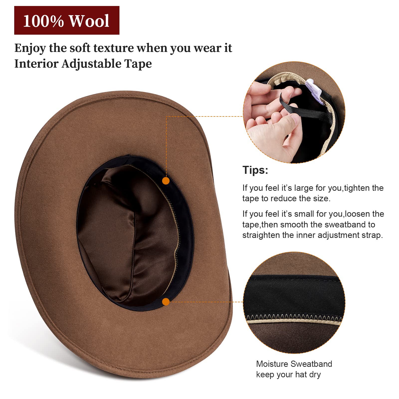 Stylish MIX BROWN 100% Wool Cowboy Hat with Wide Brim - Western Cowgirl Hat for Women & Men - Durable Felt Outback Panama Rancher Hat - Perfect for Rodeo, Country Music Festivals & Outdoor Adventures
