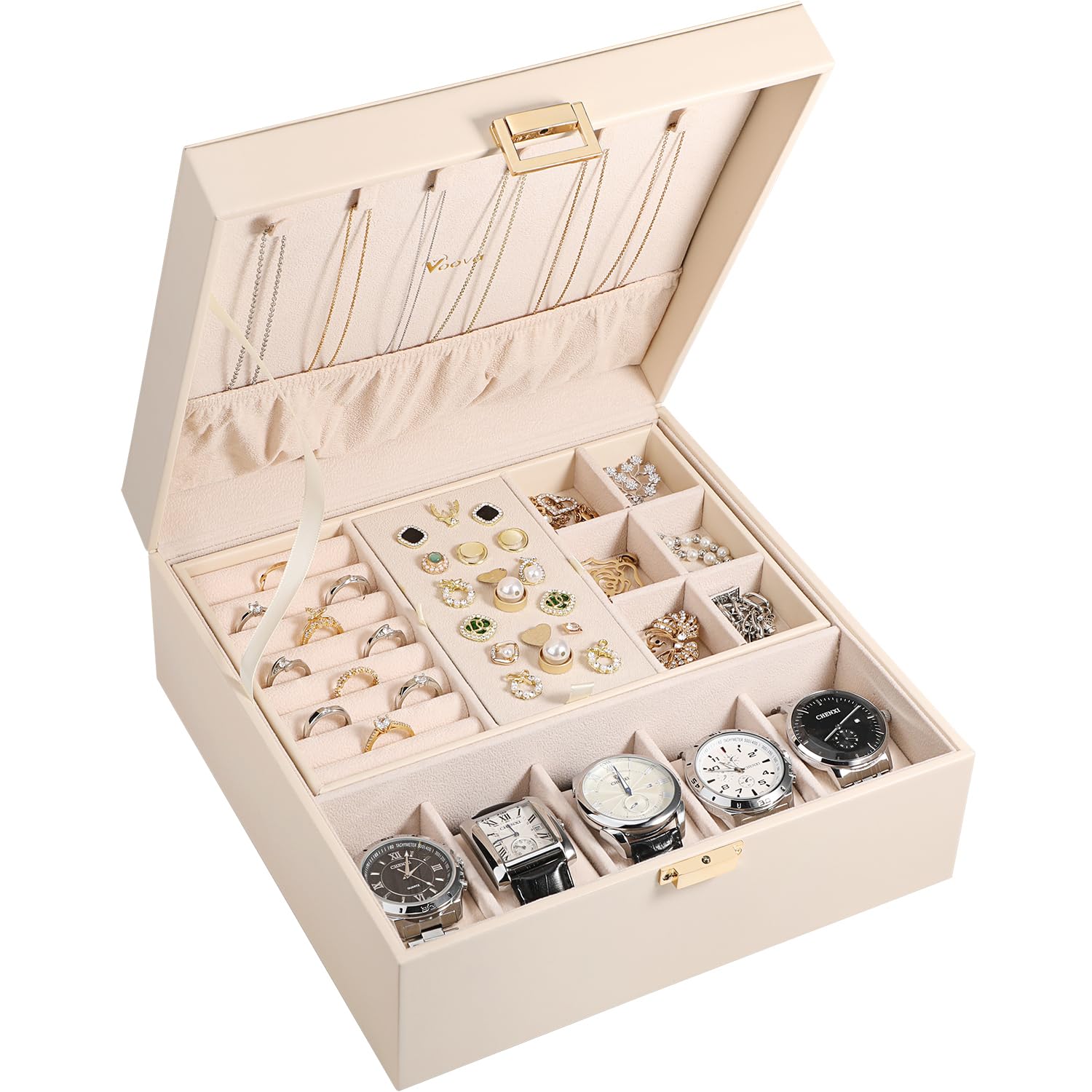 Voova 2-Layer Jewelry Box Organizer for Women & Teens - Large PU Leather Watch Holder with Removable Tray for Jewelry, Sunglasses, Rings, Earrings & Necklaces (Apricot) - Perfect for Bedroom Vanity, Travel & Gift Giving