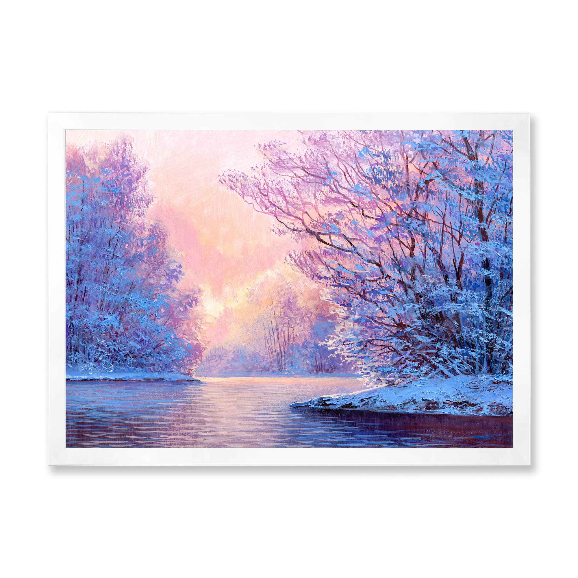 DesignQ Winter Landscape With The River Original Lake House Framed Wall Art - Nature Inspired Home Decor for Living Room, Bedroom & Office