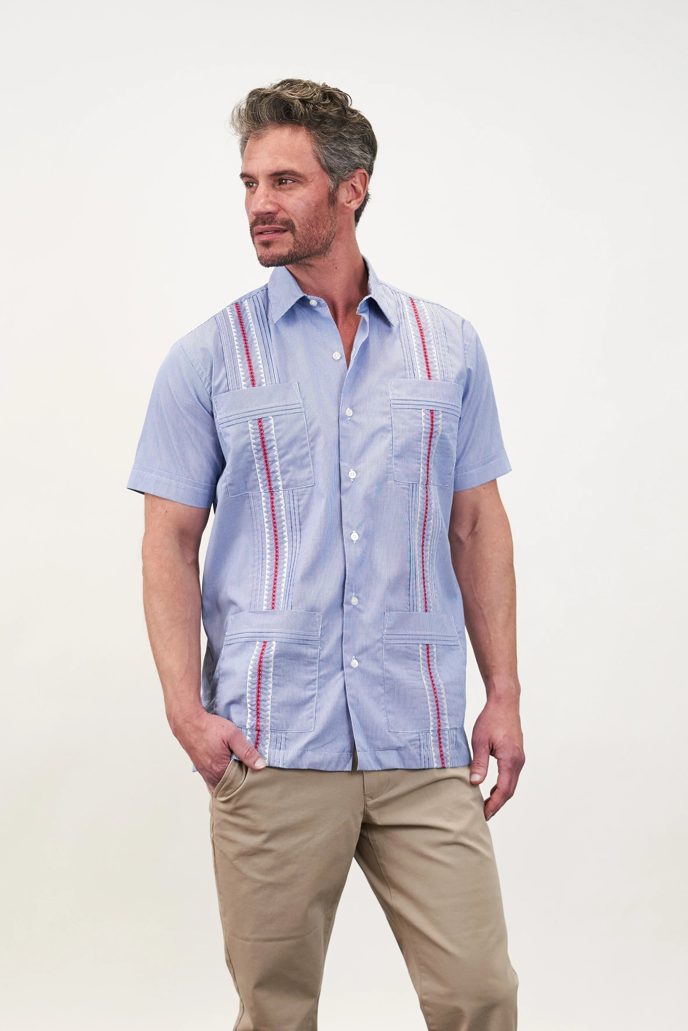San Cristobal Blue Solid Short Sleeve Guayabera Shirt for Men - Casual & Formal Wear, Beach Weddings, Summer Outfits