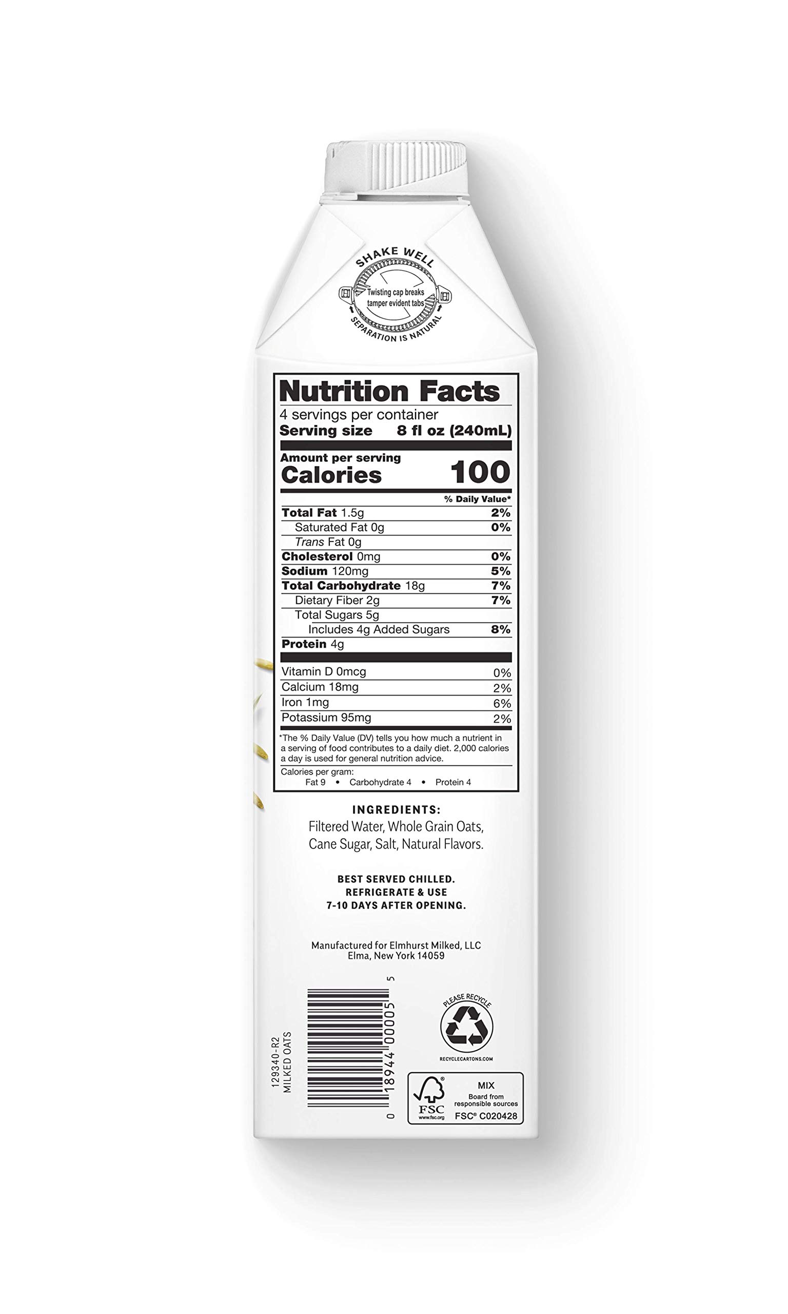 ELMHURST Milked Oats - 32 Fl Oz (Pack of 1) | Dairy-Free Oat Milk for Coffee, Cereal & Smoothies | Vegan, Gluten-Free Plant-Based Milk Alternative