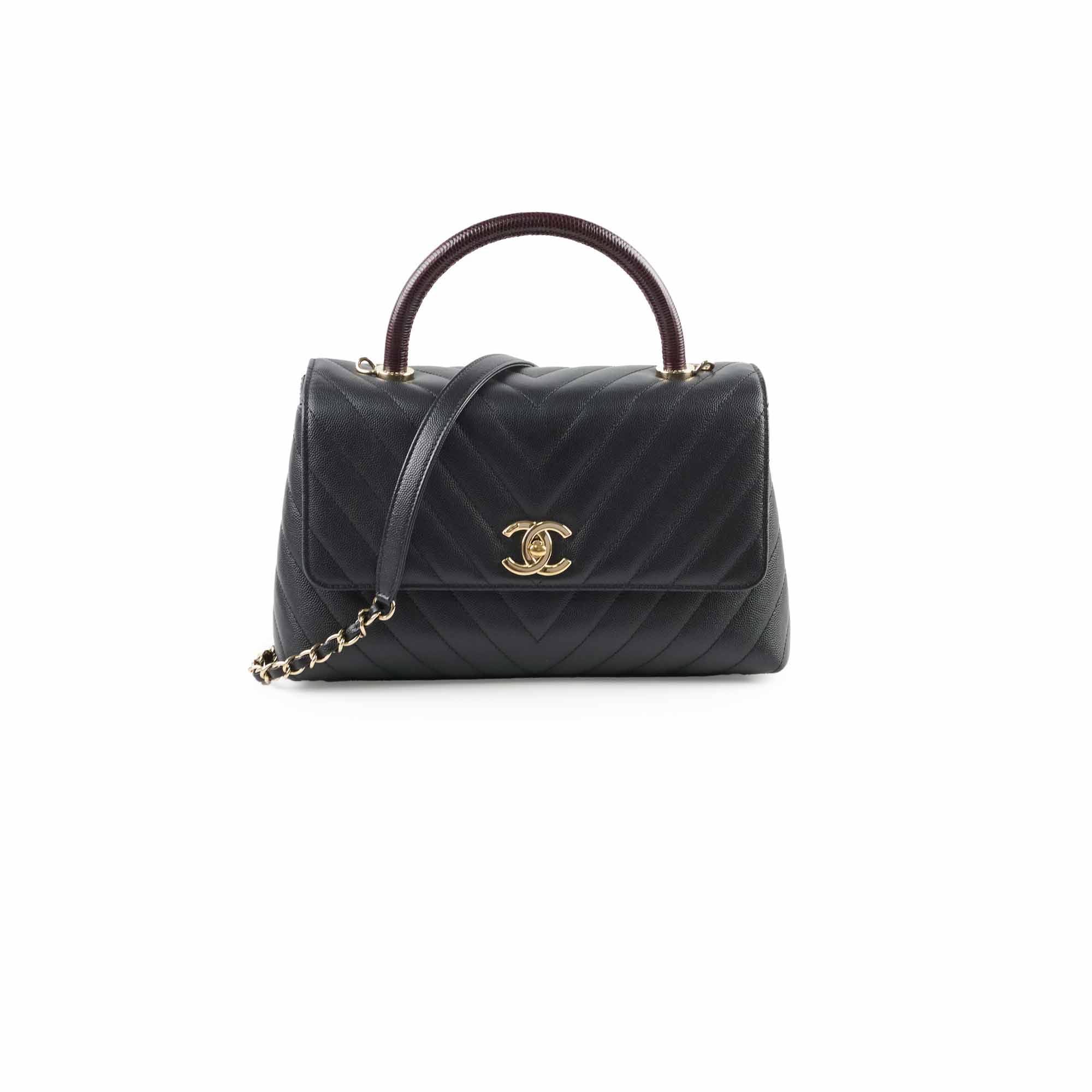 Chanel Medium Coco Handle Bag - Black Chevron Leather with Lizard Top Handle | Luxury Designer Handbag for Women, Perfect for Work, Parties & Special Occasions