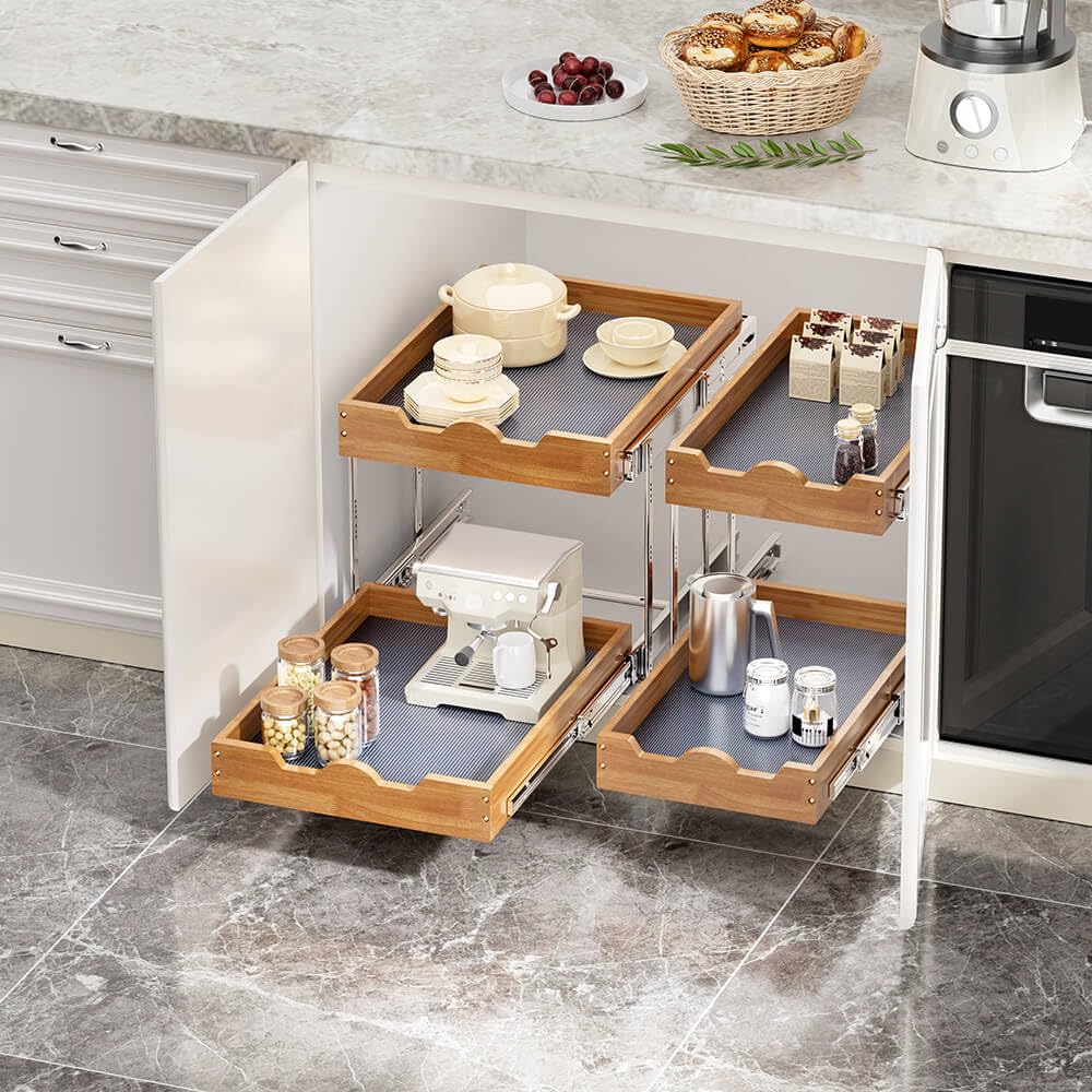 2-Tier Pull Out Cabinet Drawers - Wood Organizer for Kitchen, Pantry & Bathroom Storage