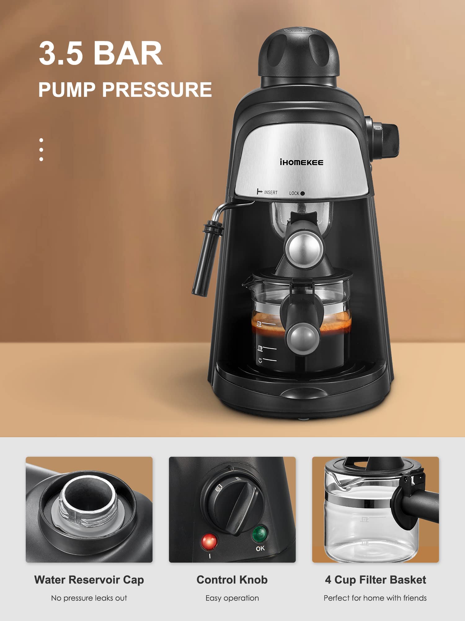 Premium 3.5Bar Espresso Coffee Machine with Rapid Heating System - 4 Cup Coffee Maker with Milk Frother & Steam Wand (Black) - Compact Home & Office Espresso Maker for Espresso, Latte, Cappuccino - Perfect for Kitchen Countertops, Small Cafes & Office Break Rooms - Ideal for Morning Brews, Entertaining Guests & Daily Coffee Rituals - Create Barista-Quality Coffee at Home - Great for Gifts, Housewarming, Weddings & Coffee Lovers