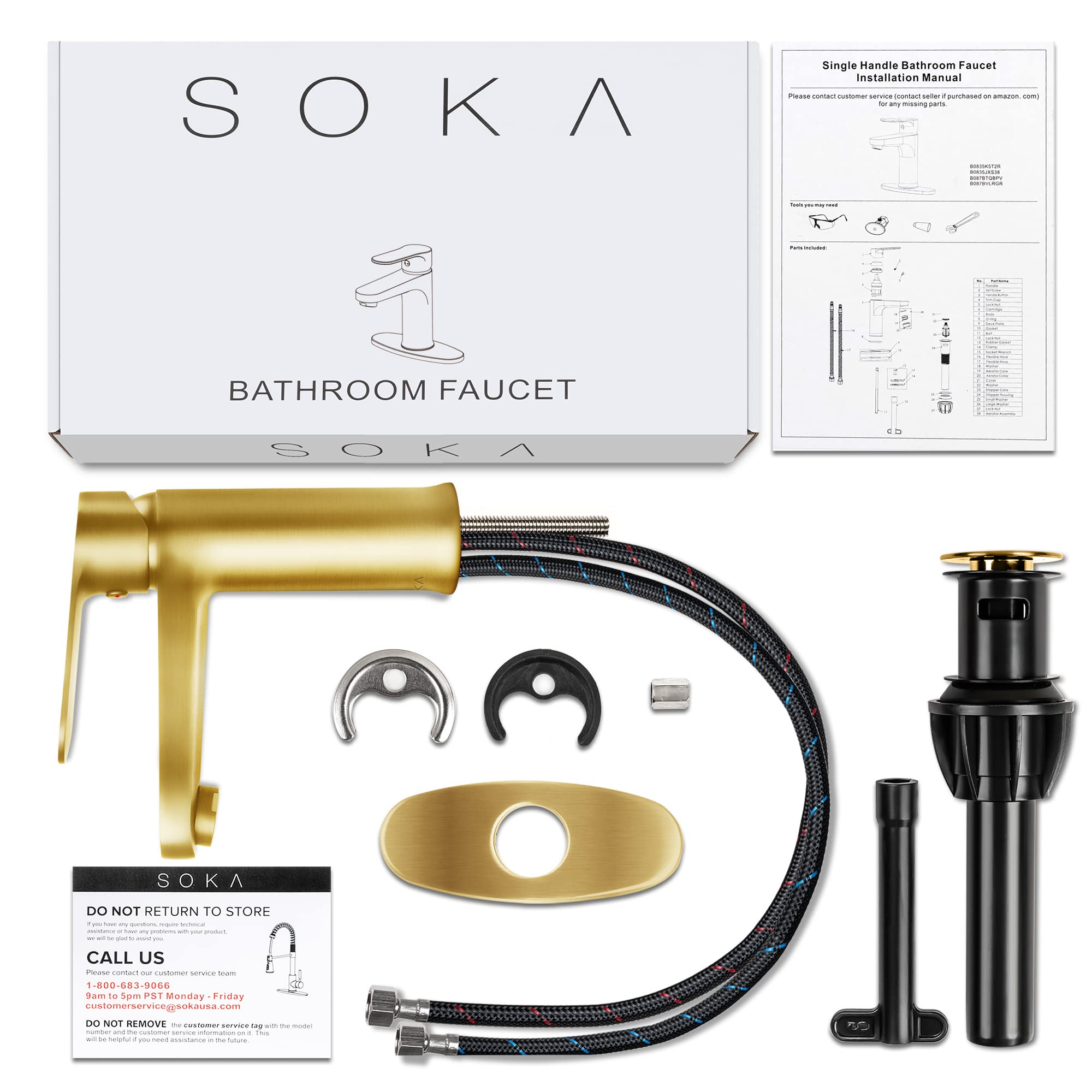 Gold Stainless Steel Bathroom Sink Faucet with Pop-up Drain Stopper & Deck Plate - Single Handle 1 or 3 Hole Installation - Perfect for Modern Bathroom Vanities & Powder Rooms