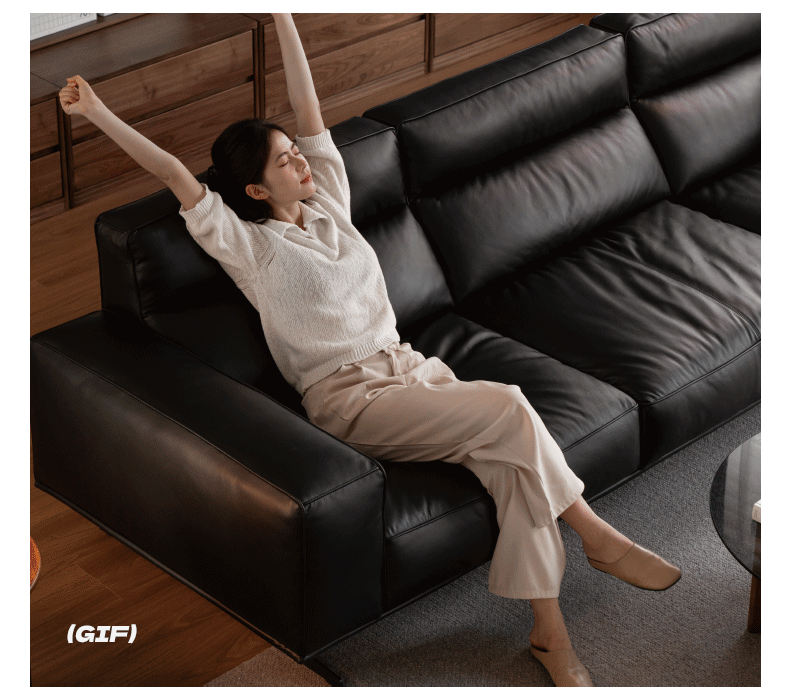 Italian Minimalist Leather High-Leg Sofa - Luxurious Black Genuine Leather Modern Living Room Furniture for Home, Office & Lounge