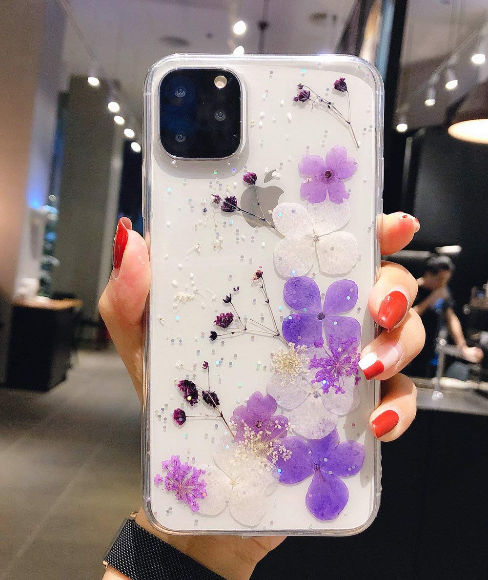 Shinymore iPhone 11 Pro Max Case with Real Pressed Flowers - Sparkling Glitter Floral Cover for Women, Flexible Soft Rubber Crystal Clear Protective Phone Case (Hydrangea Purple) - Perfect for Spring Outfits & Gift Giving