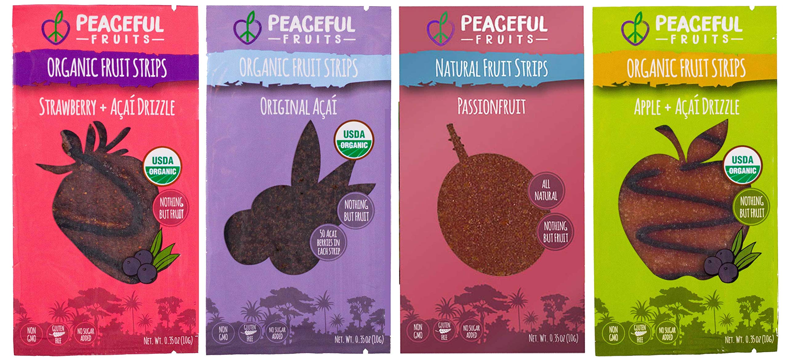 Organic Peaceful Fruits 100% Real Fruit Snacks Strips - Variety Pack (Strawberry, Acai, Passionfruit, Apple) - 12 Count - Healthy Vegan Gluten-Free On-the-Go Snacks for Kids & Adults - Perfect for Lunchboxes, Hiking & Office Snacking