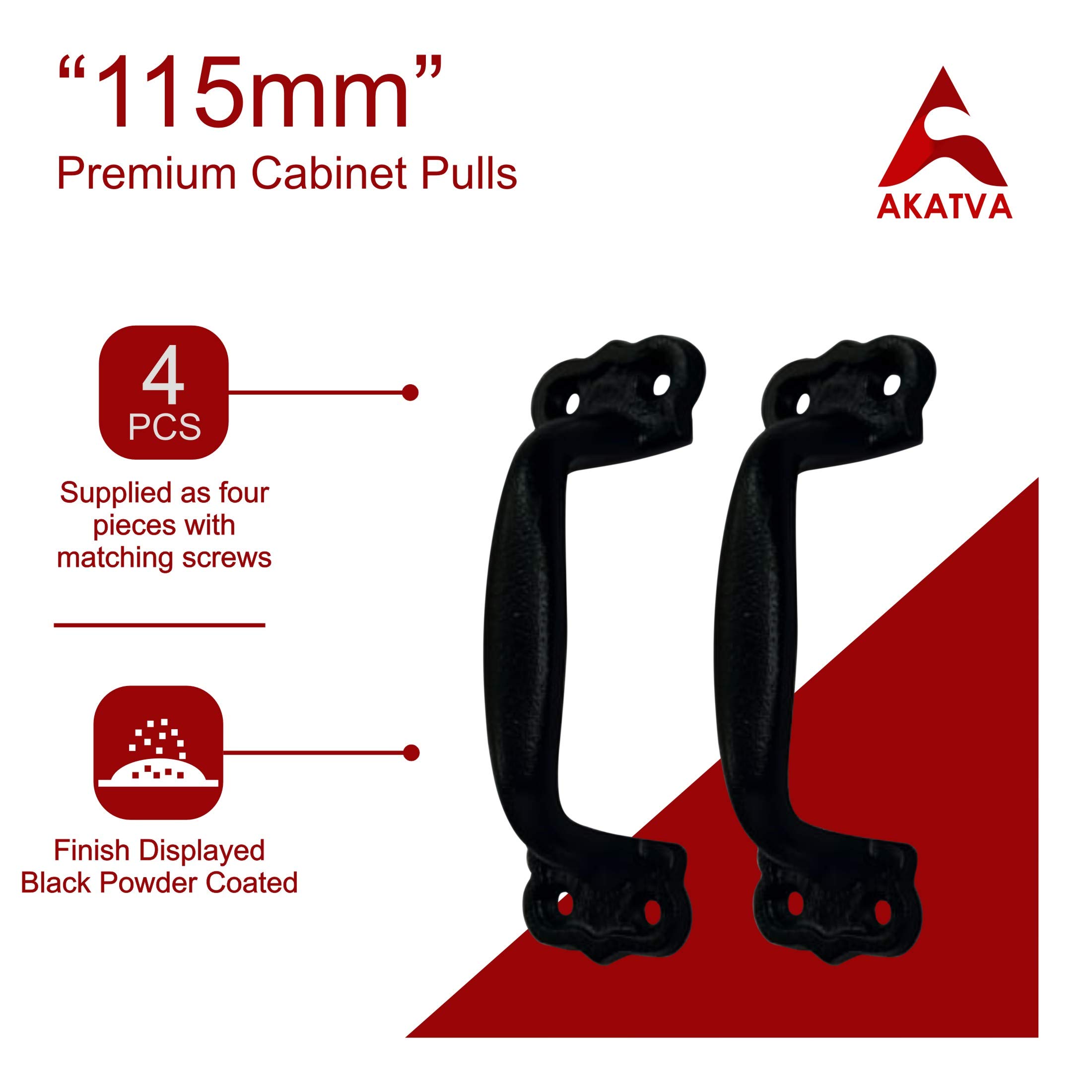 115mm Premium Black Powder Coated Cabinet Pulls - 4 Pack Heavy Duty Cast Iron Kitchen Cabinet Handles - Antique Farmhouse Drawer Hardware for Cupboards & Cabinets - Durable Cabinet Pull Set for Modern, Rustic & Vintage Kitchen Renovations