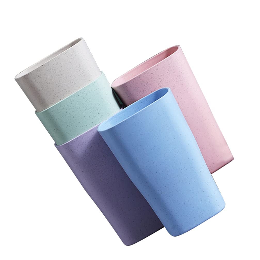DOITOOL 5-Pack Unbreakable Plastic Toothbrush Cups - 500ml Bathroom Drinking Tumblers with Holder for Couples & Home Use | Perfect for Bathroom Organization, Travel, and Daily Oral Care