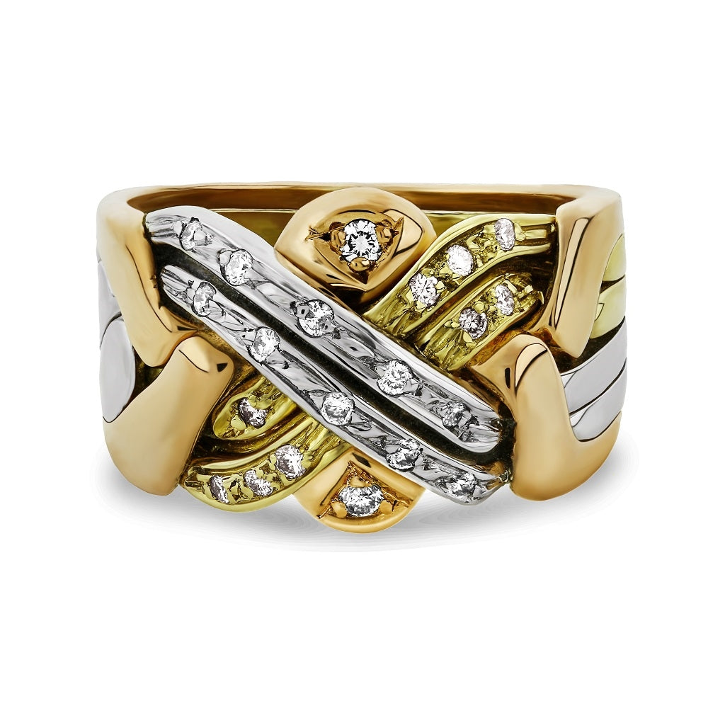 14K Gold 6 Band Tricolor Diamond Puzzle Ring for Women - Elegant Stackable Jewelry Gift for Anniversary, Valentine's Day & Special Occasions