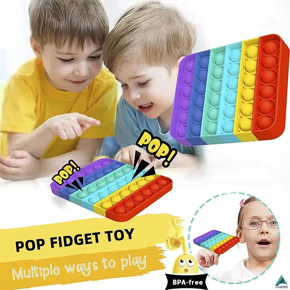 AIMERS 2 Pack Rainbow Pop Fidget Toys - Round & Square Push Bubble Sensory Toys for Stress Relief, Anxiety & Focus - Fun Popper Fidget Gadgets for Kids, Teens & Adults - Perfect for Home, Office & Classroom Use