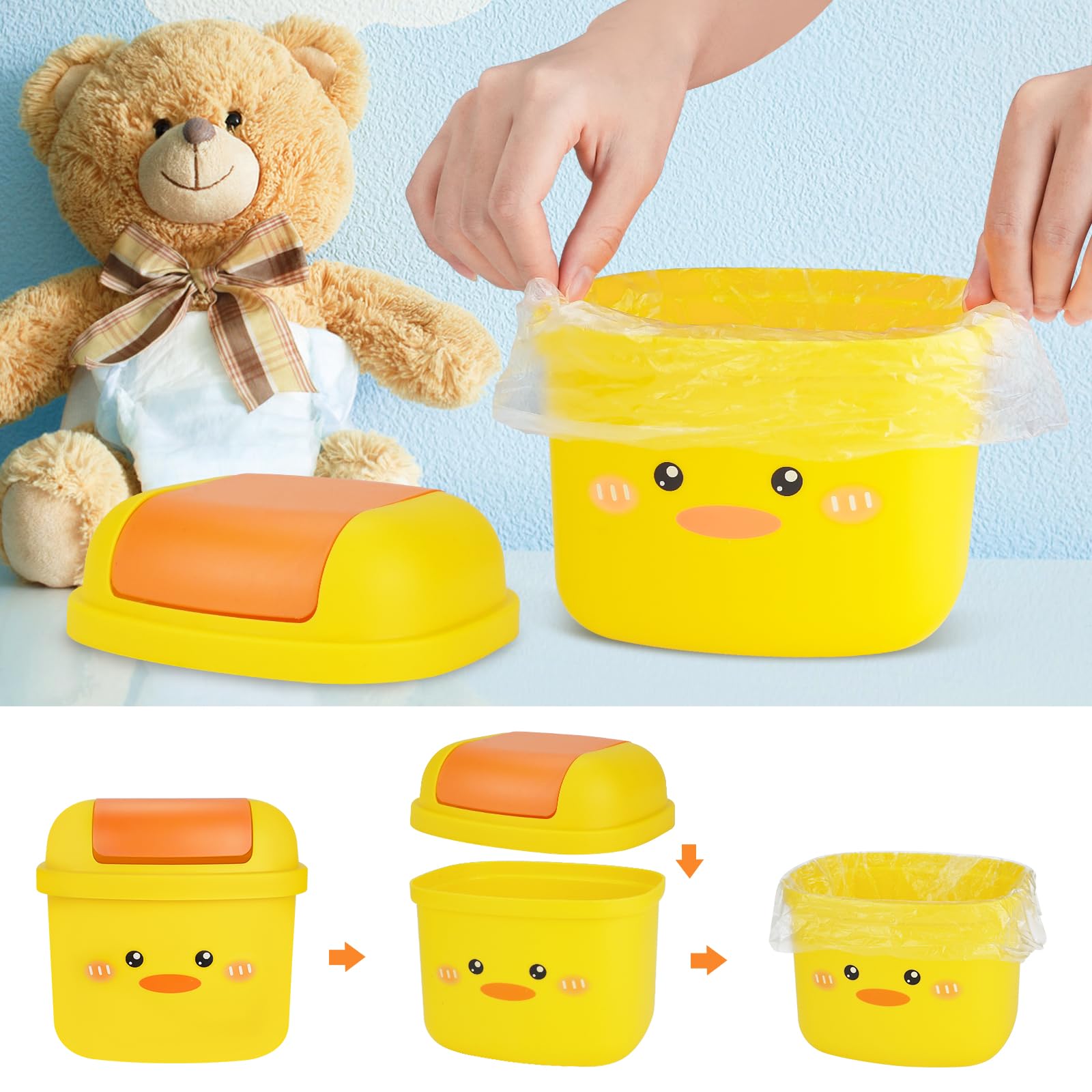 Cute Small Trash Can with Flip Lid - Mini Desktop Garbage Bin in Kawaii Cartoon Animal Shape for Bedroom, Bathroom, Kitchen & Office - Perfect for Home, Dorm, Desk & Vanity Organization (Yellow)