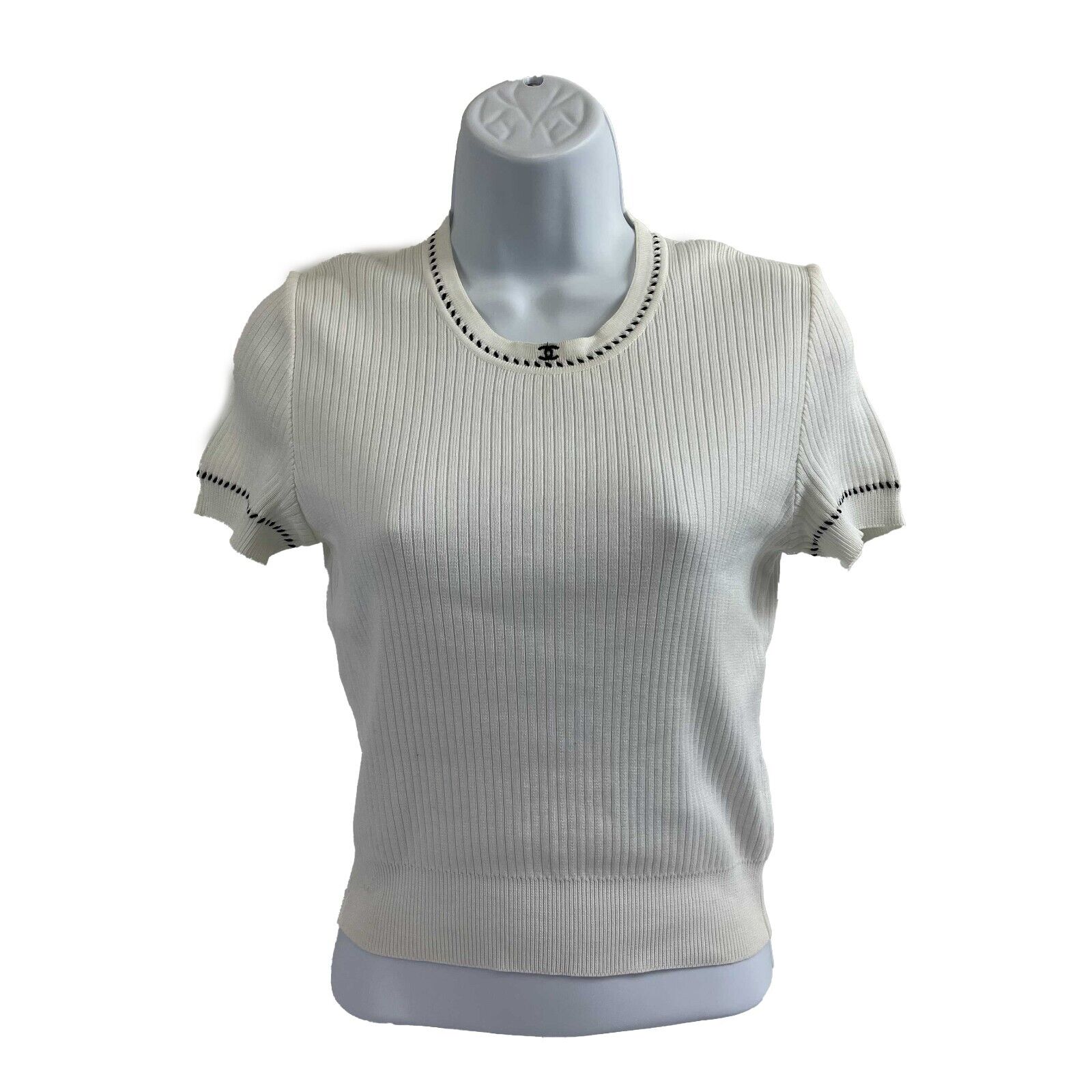 Chanel Boutique 1996 Cropped Short Sleeve White CC Logo Ribbed Knit Tee Shirt - Size US 6 (38) - Vintage Inspired Fashion for Casual Wear & Street Style Outfits