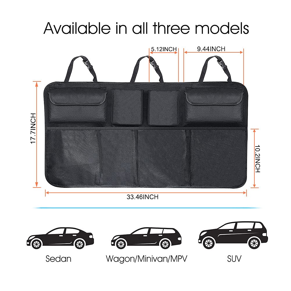 Car Backseat Trunk Organizer with 8 Large Pockets - Foldable Hanging Storage Bag with Lids for Auto Cargo Organization | Space-Saving Expert for Road Trips, Groceries & Sports Equipment