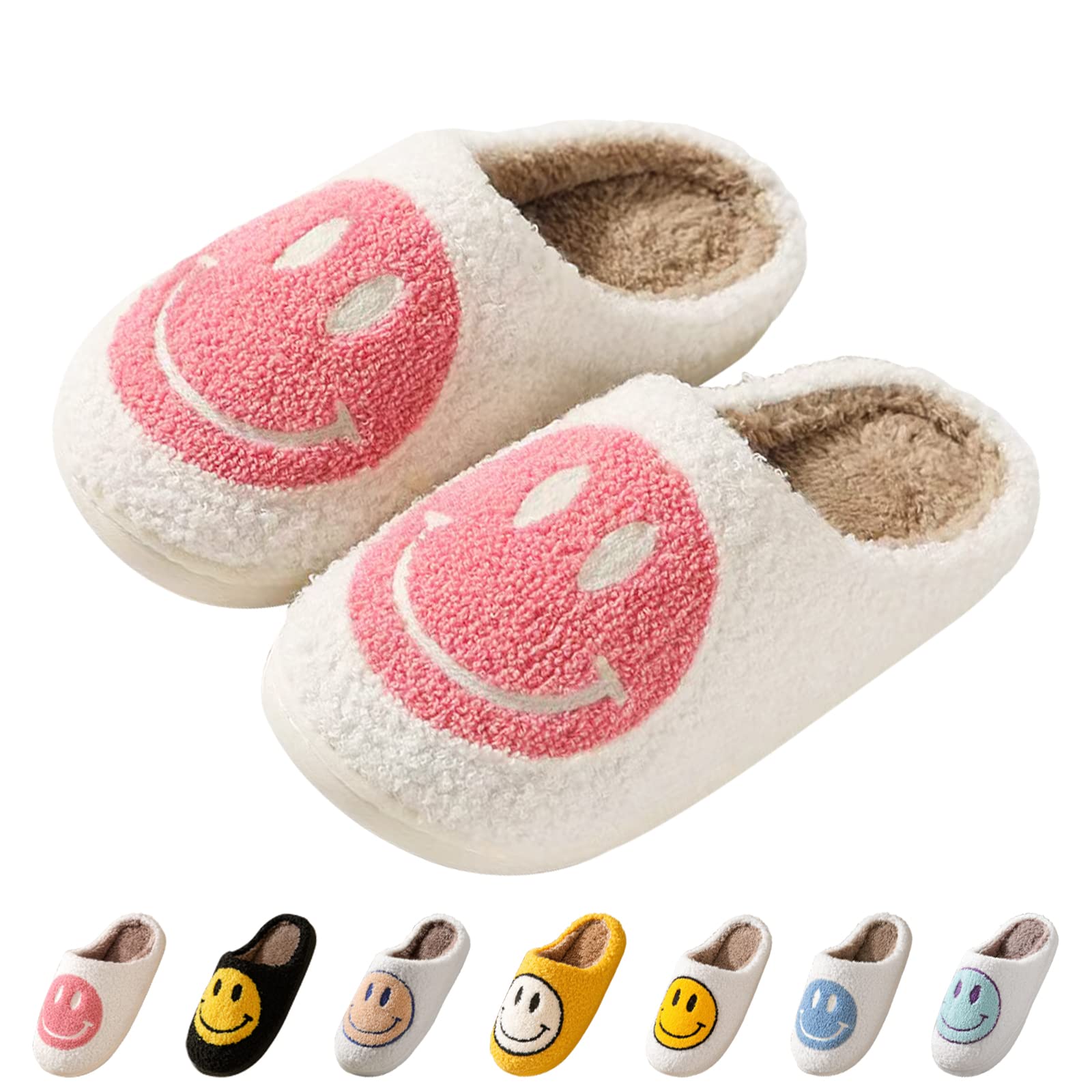 Beishani Happy Face Slippers for Women - Retro Smiley Plush House Shoes - Soft & Warm Indoor/Outdoor Slip-On Slippers - Perfect for Lounge, Dorm, Spa & Home Comfort