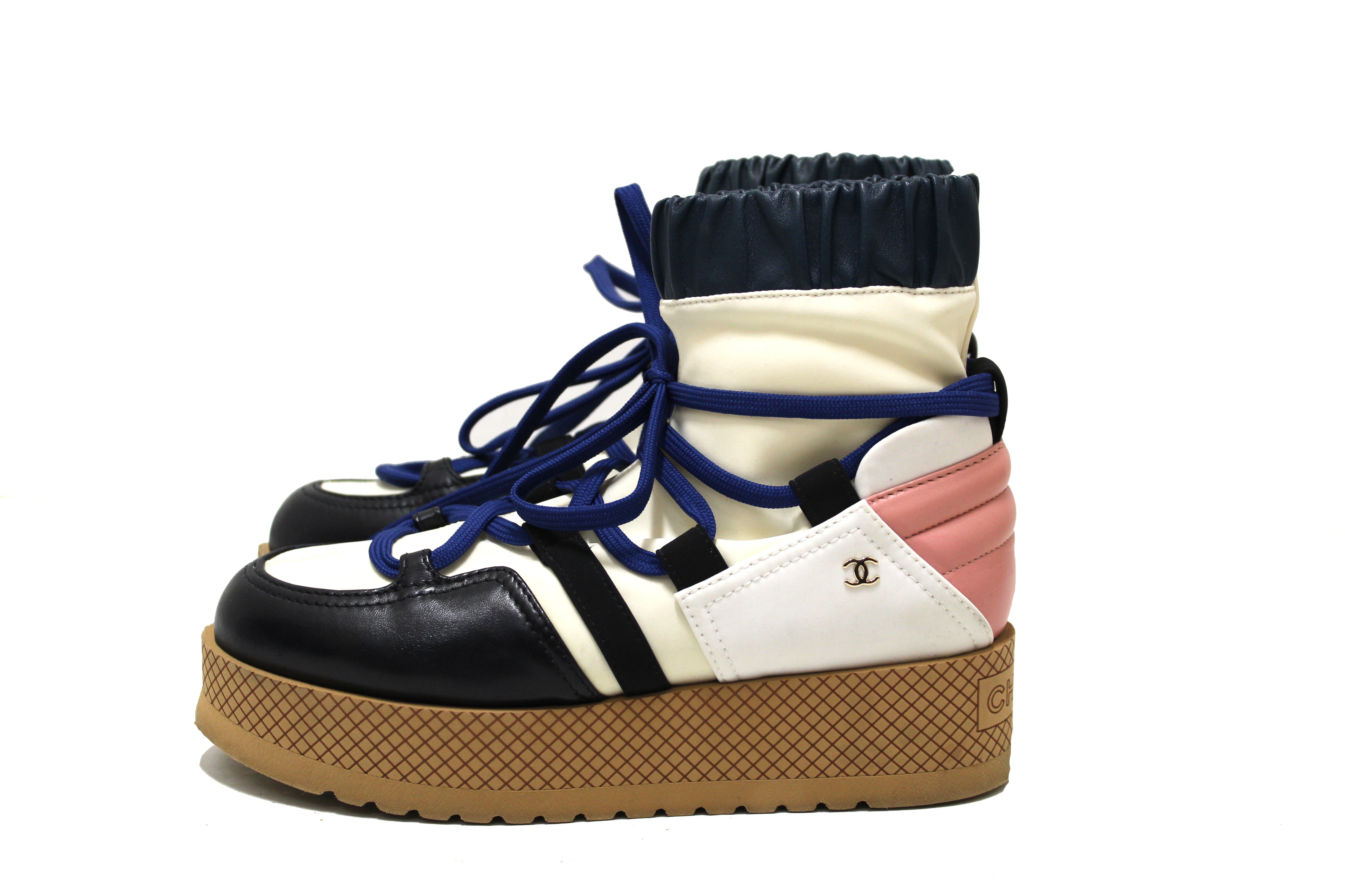 Chanel Lambskin & Mixed Fibers Lace-Up Platform Shoes Size 35.5 in Ivory, Rose, Blue & Black - Luxury High Heels for Women, Perfect for Parties & Evening Events