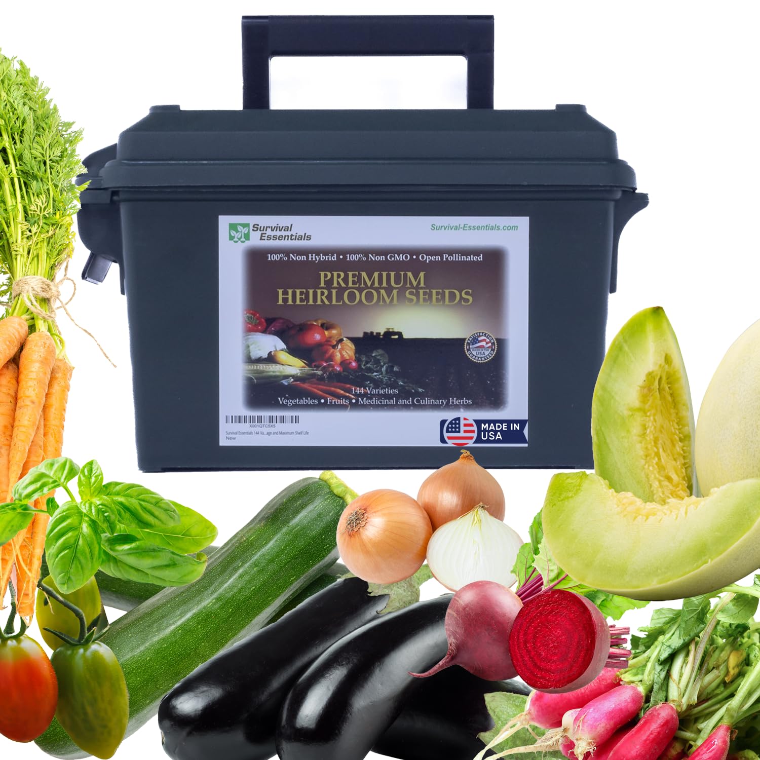 Ultimate Heirloom Seed Vault - 144 Variety Non-GMO Organic Seeds in Airtight Ammo Can - 23,000 Survival Seeds for Vegetables, Fruits & Herbs - Emergency Food Supply & Gardening Kit for Home, Survival Prepping & Sustainable Farming