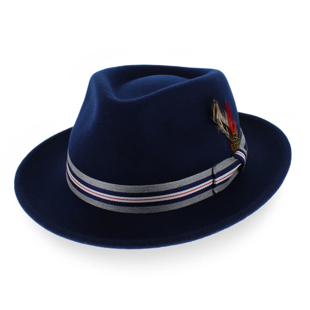 Crushable Wool Fedora Hat for Men - Stain Resistant, Navy Grey Stripe - Perfect for Outdoor & Casual Wear