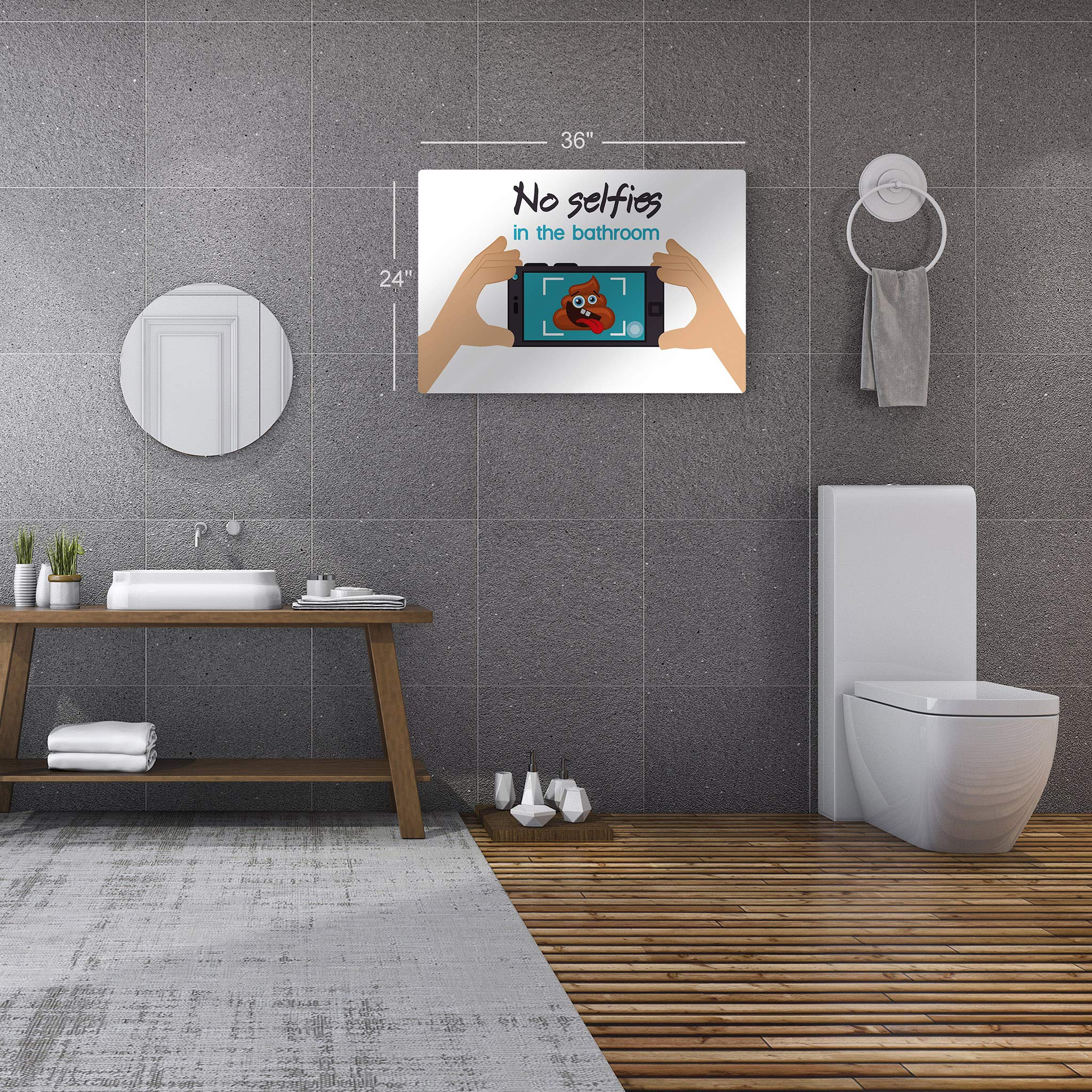 Smile Art Design Funny 'No Selfies in The Bathroom' Metal Print - 20x30 Inch Ready to Hang Bathroom Wall Decor, Toilet Humor Sign, Home Decoration Made in USA | Perfect for Bathroom, Powder Room, or Office Humor