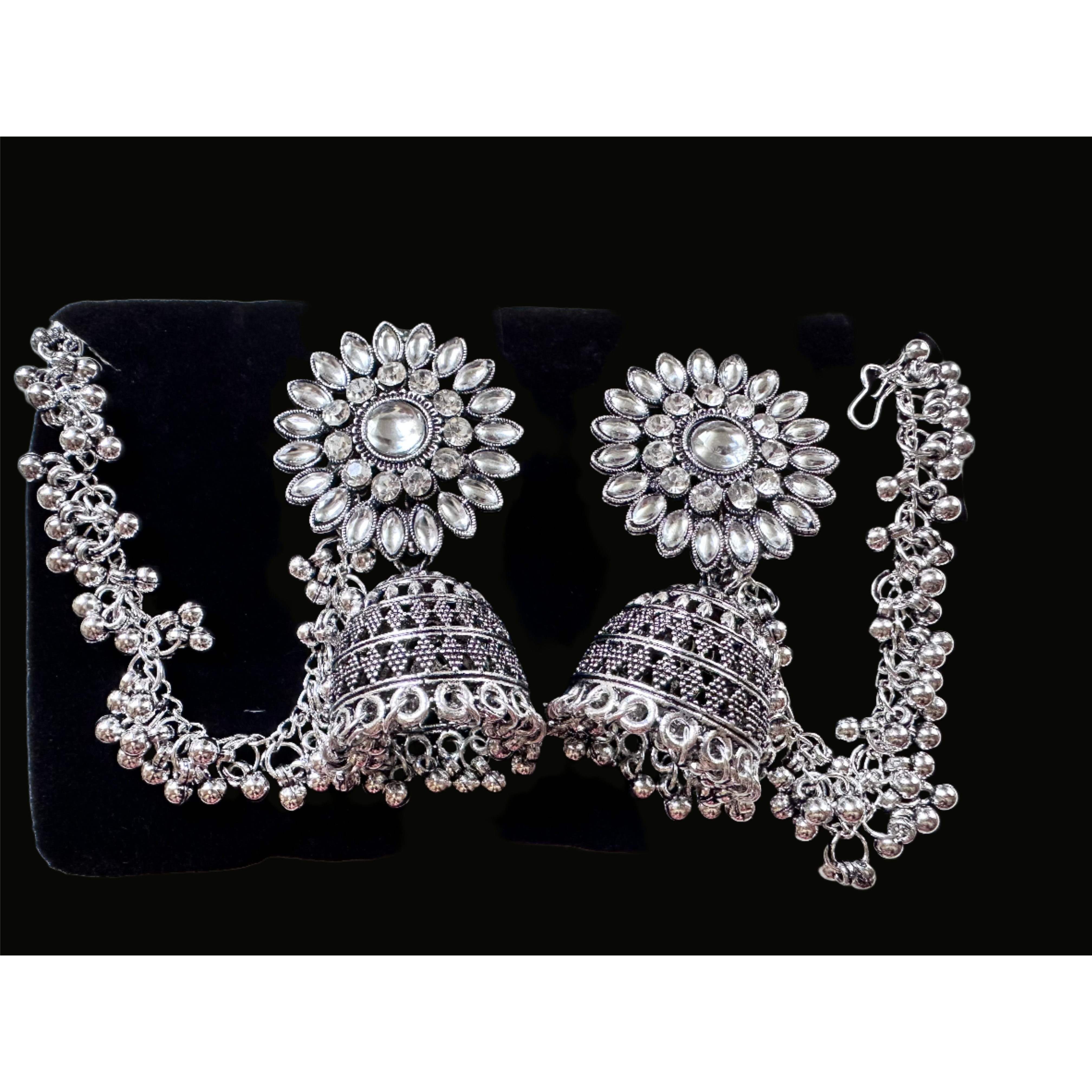 Exquisite Jhumka Earrings with Long Chain Tassels - Traditional Indian Ethnic Jewelry for Women - Perfect for Weddings, Parties, and Festive Occasions