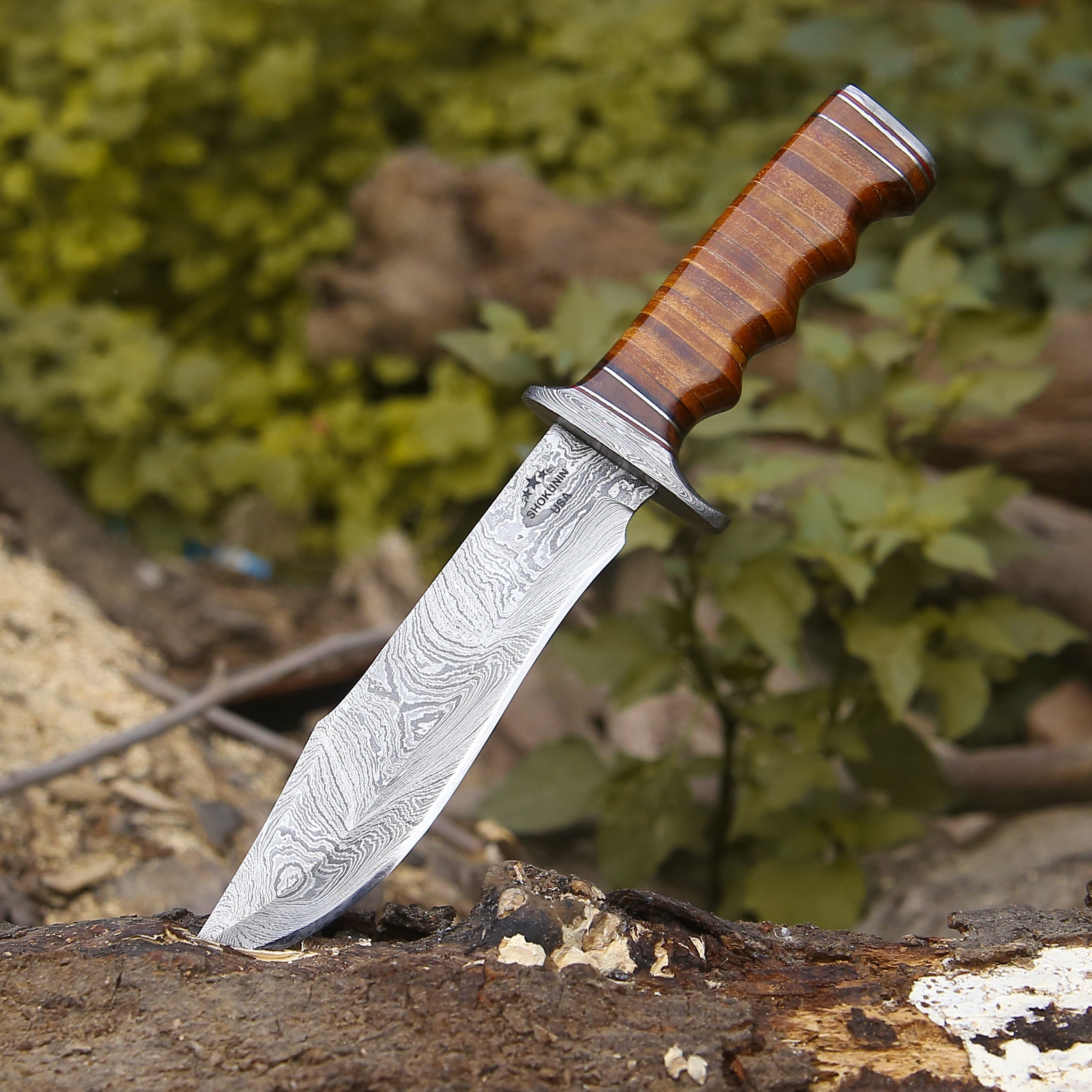 Premium Damascus Steel Bowie Knife - Handcrafted Stacked Leather Handle - Hunting, Camping & Outdoor Survival Tool - Perfect for Bushcraft, Tactical Use & Collection