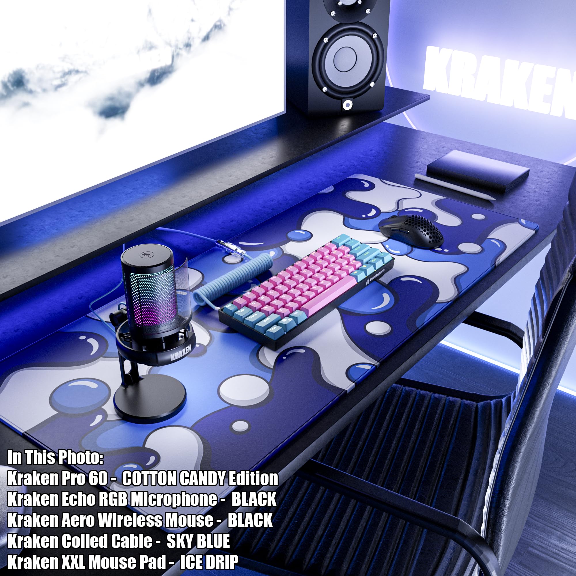 Premium Kraken XXL Gaming Mouse Pad - Large Blue Non-Slip Desk Mat for Keyboard & Mouse - Thick Artisan Gaming Surface for PC, Esports & Office Work (ICE Drip Design) - Perfect for Gaming Setups, Workstations & Home Offices
