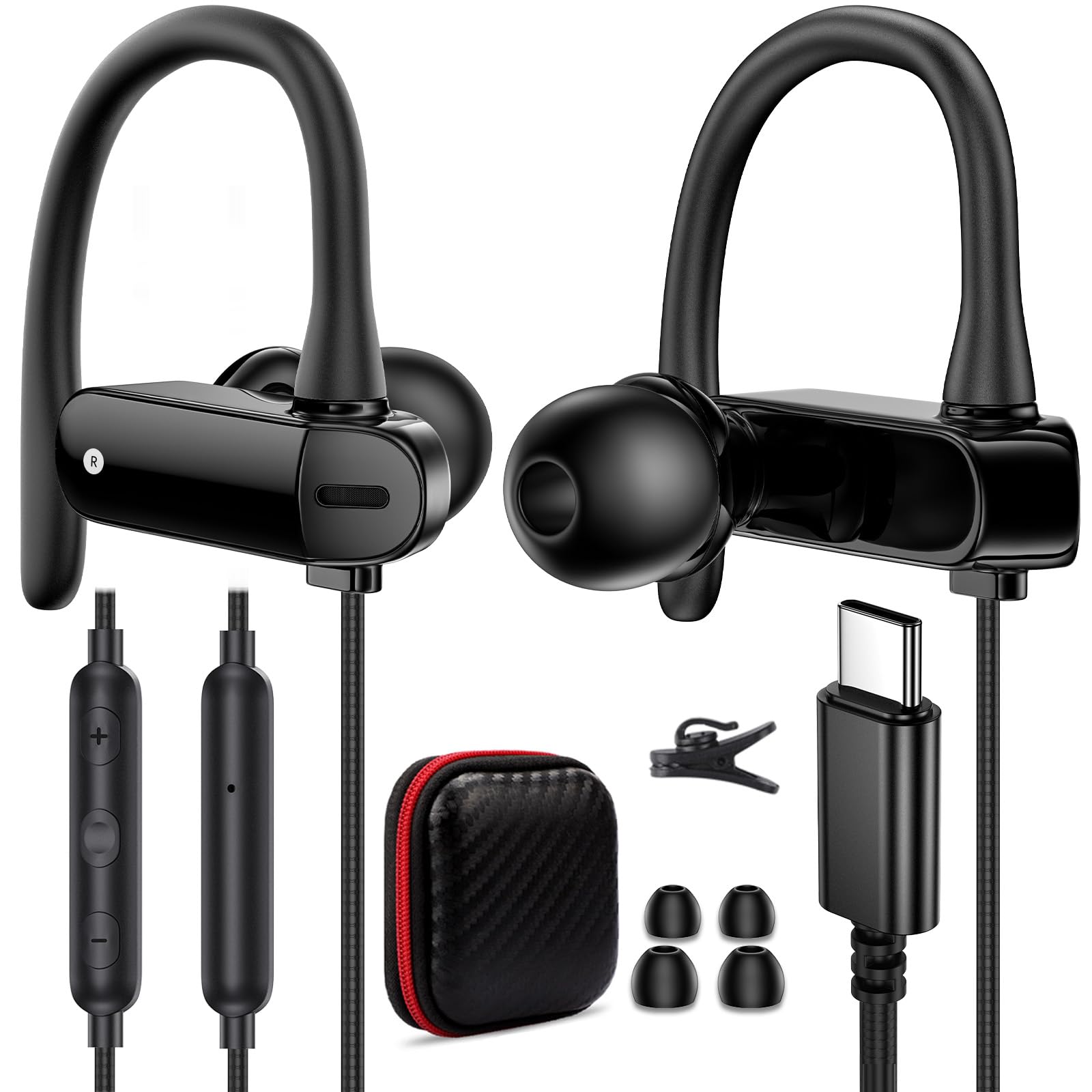 USB C Headphone Over-Ear Hook Wired Earbuds with Noise Canceling - Compatible with iPad, iPhone 16 Pro Max, Samsung Galaxy S24/S25/A Series & Pixel 9 - Perfect for Gaming, Work Calls & Online Classes