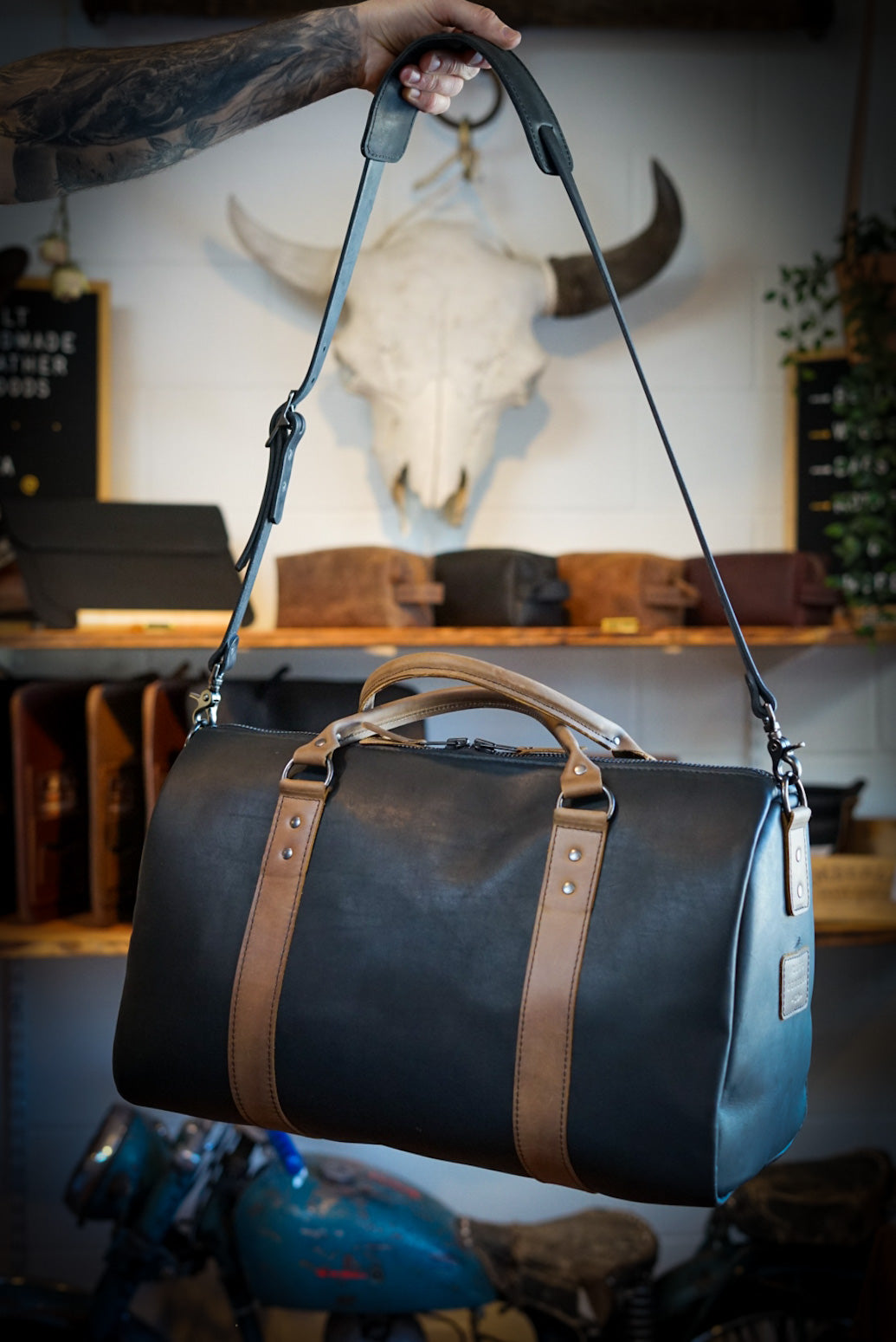 Overnighter Duffle Bag - Flat Black with Rustic Brown Accents - Perfect for Travel, Gym & Weekend Getaways