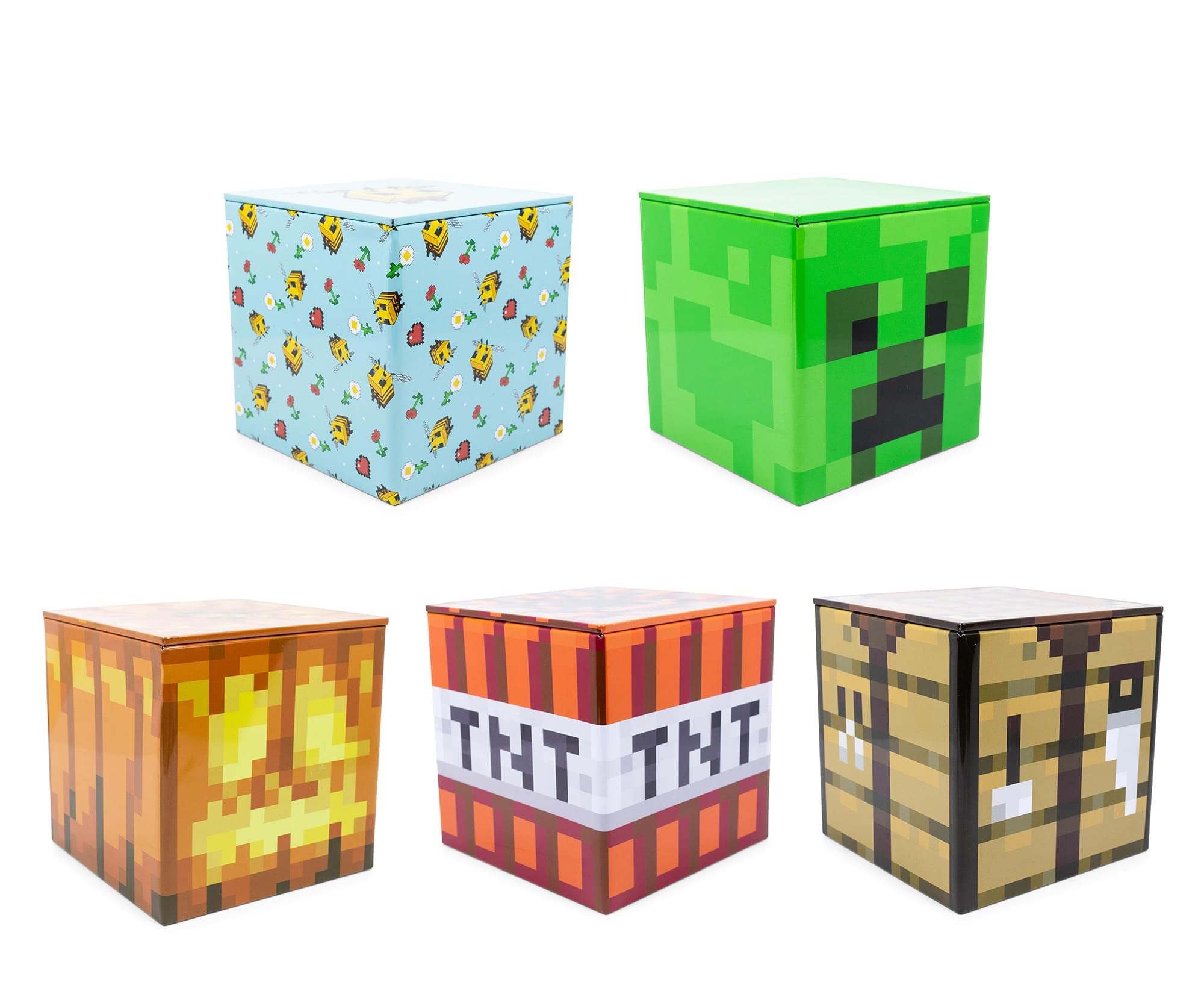 Minecraft 4x4 Inch Tin Storage Box Set of 5 - Bee, Creeper, TNT, Table & Jack | Collectible Game Organizer for Kids Room, Office Desk & Gaming Accessories