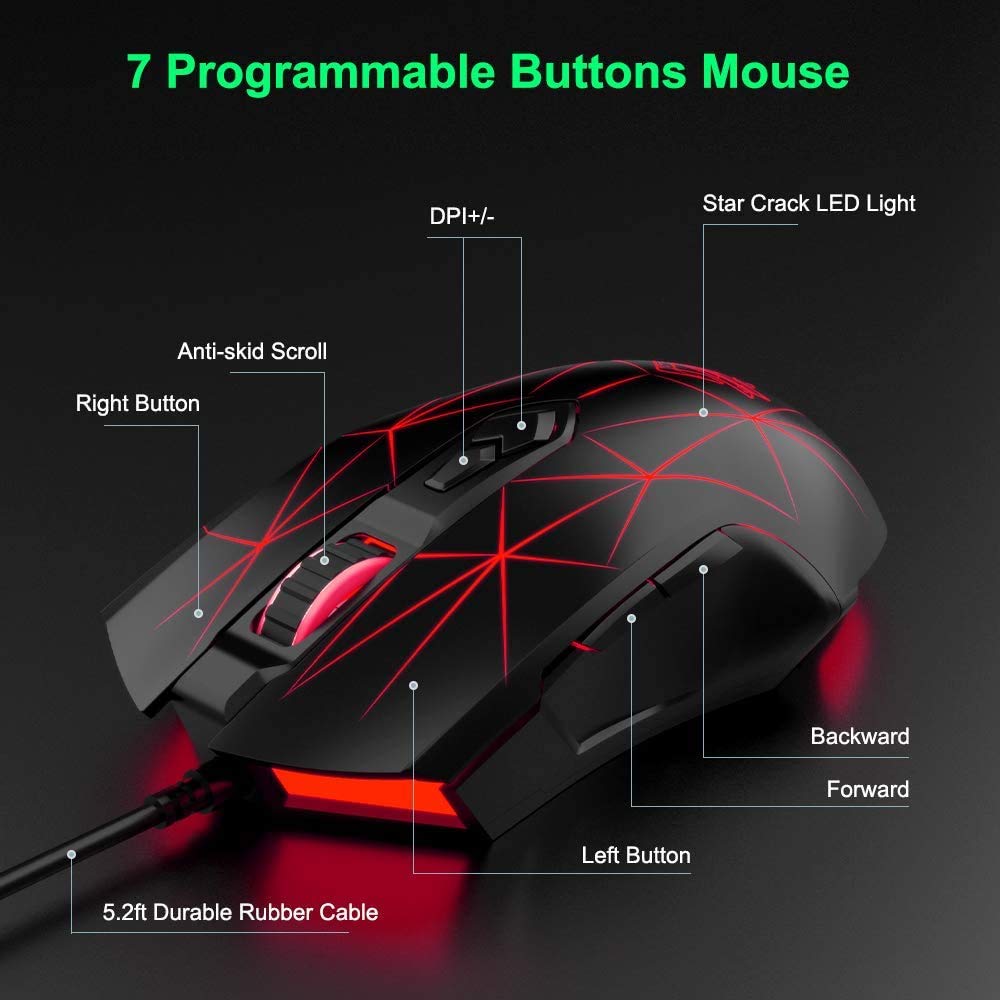 LexonElec RGB Wired Gaming Mouse - 7 Programmable Buttons, 2500 DPI Adjustable, Ergonomic USB Optical Mouse for PC Laptop (Windows/Mac/Linux Compatible) - Star Black - Best for FPS, MOBA, MMO Games & Office Work