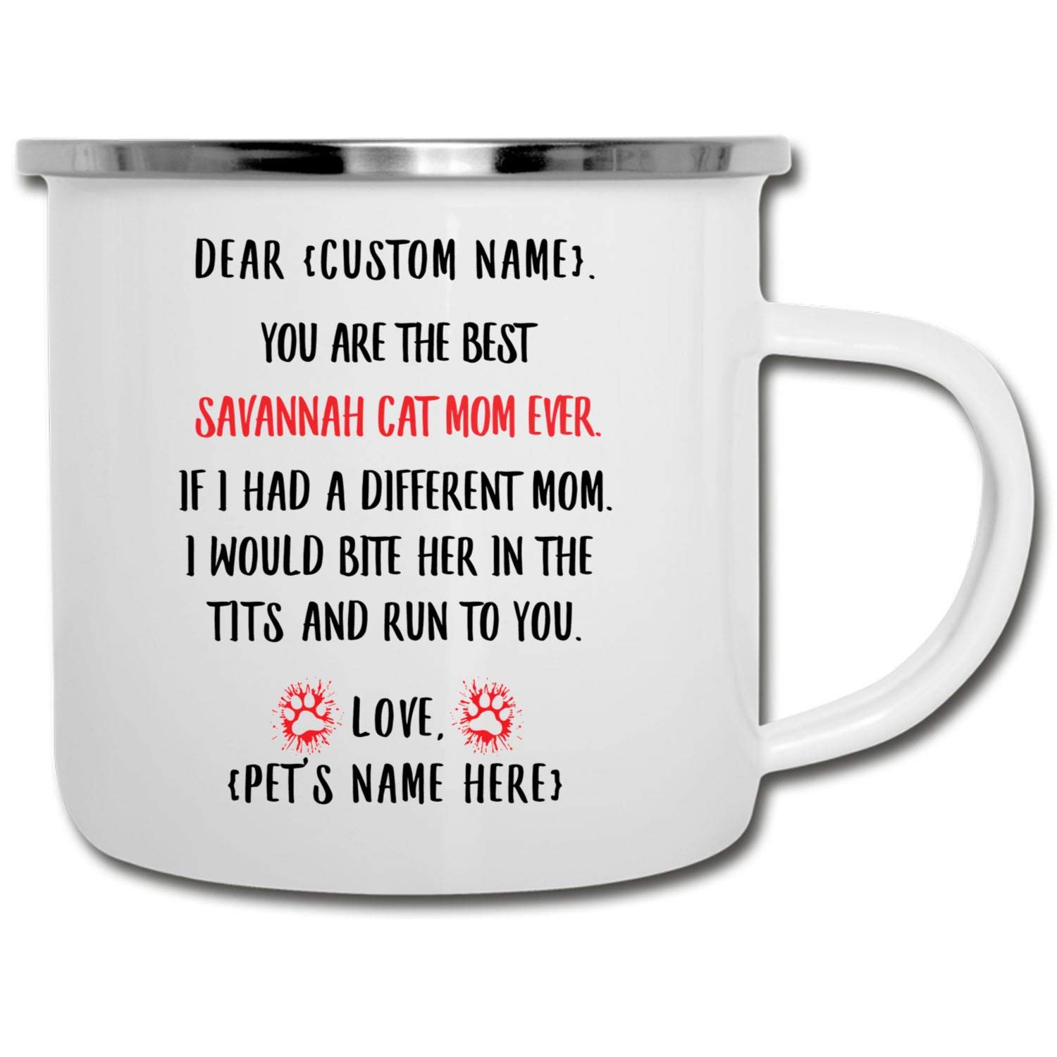 Personalized Savannah Cat Custom Name Enamel Mug - 12 oz Camping Coffee Cup for Cat Lovers, Unique Christmas Gift for Cat Moms - Perfect for Camping Trips & Cozy Home Mornings